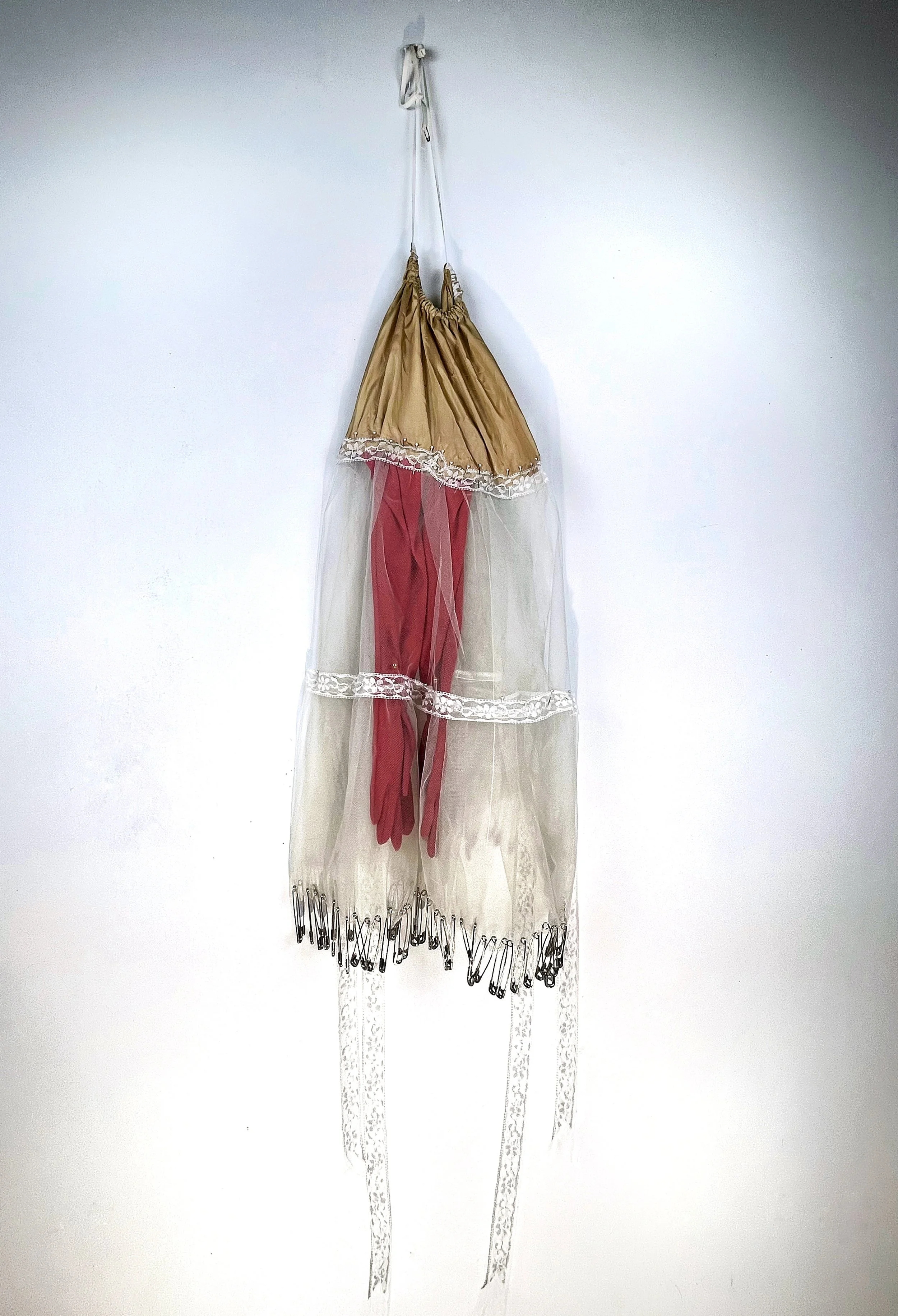 "I NEEDED YOUR HANDS", Petticoat, long magenta gloves, lace large safety pins, elastic, 40 X 26 X 5 inches