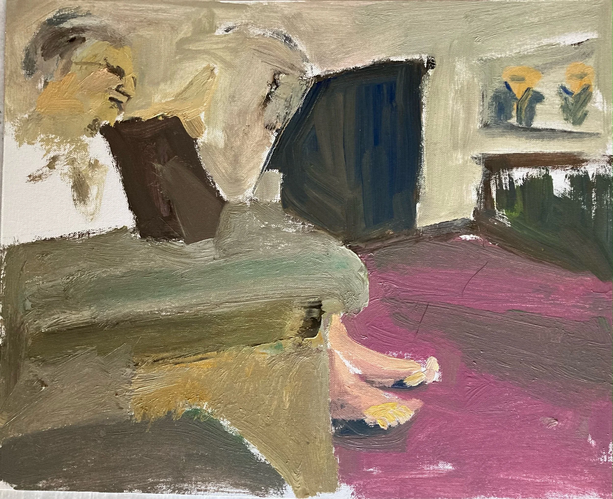 "Mom Reading The Paper," 20 x 16 inches, Oil on archival canvas board 2021
