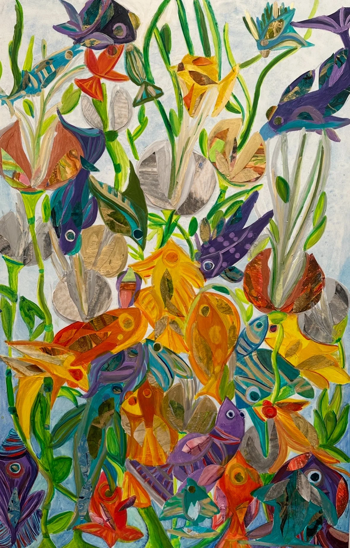 "Vibrant Fish 2", Acrylic and Collage, 24 X 36 inches