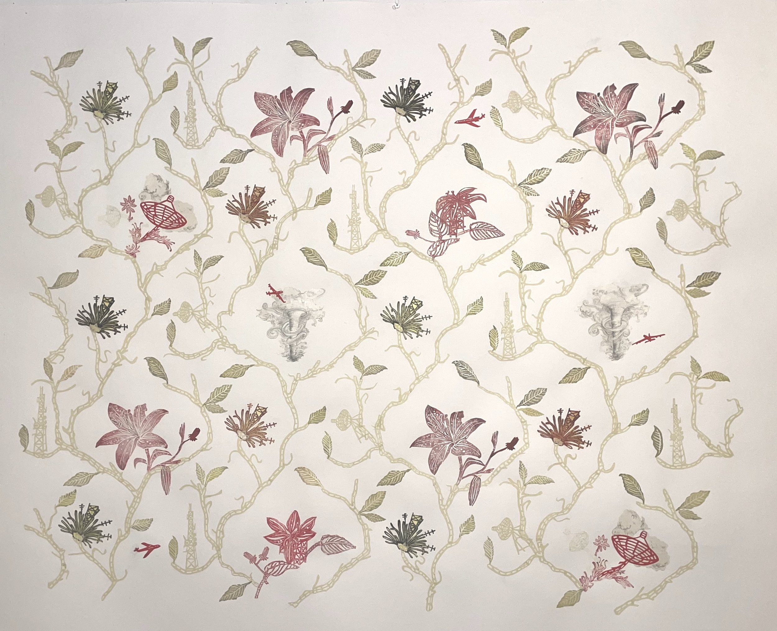 Growing Season; 2024; chine-collé paper cut out, graphite, and ukiyo-e woodblock print; 40 x 50 x 2 inches
