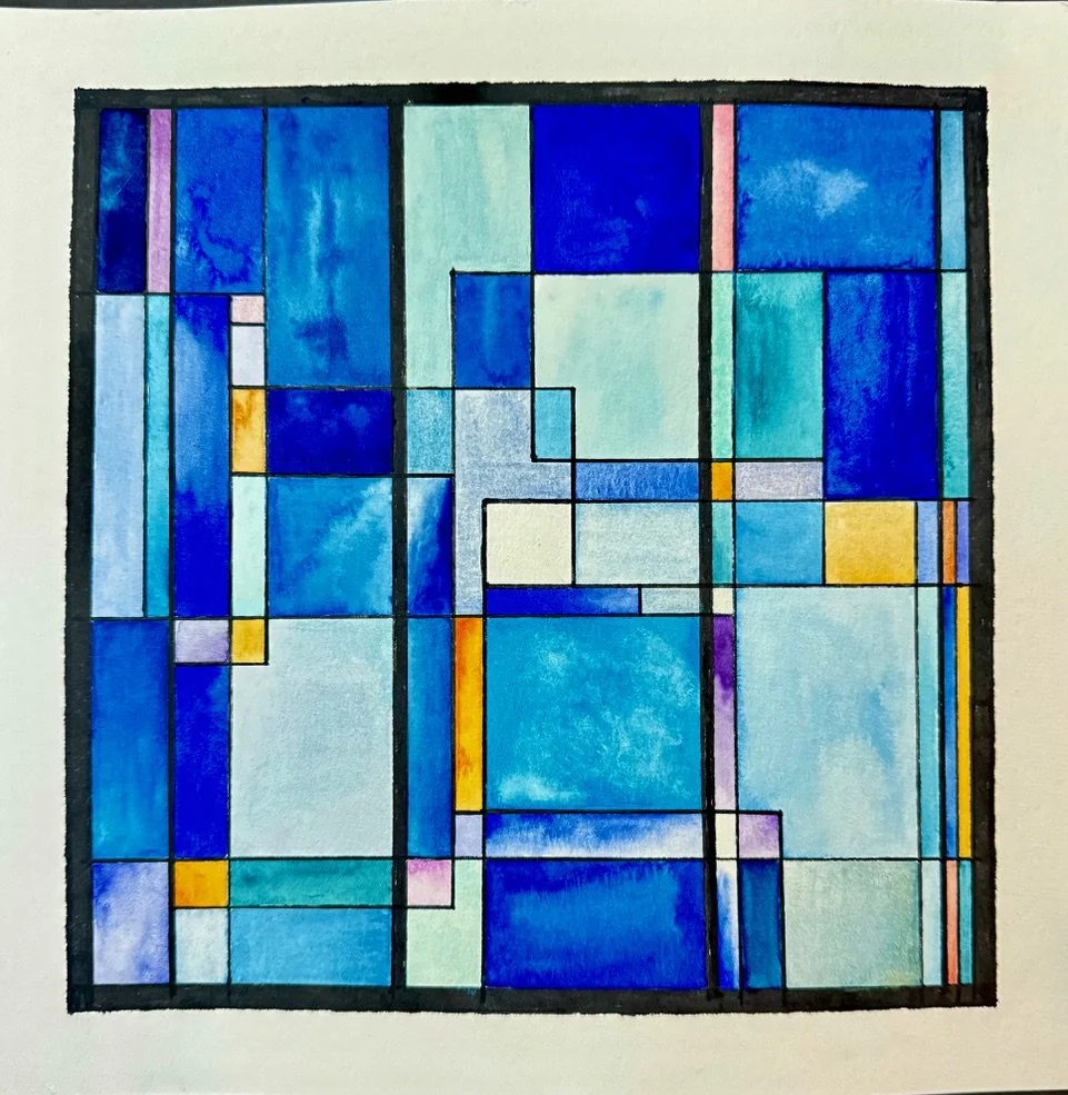"Blue Window," 12 x 12 inches, watercolor and oil pen on paper