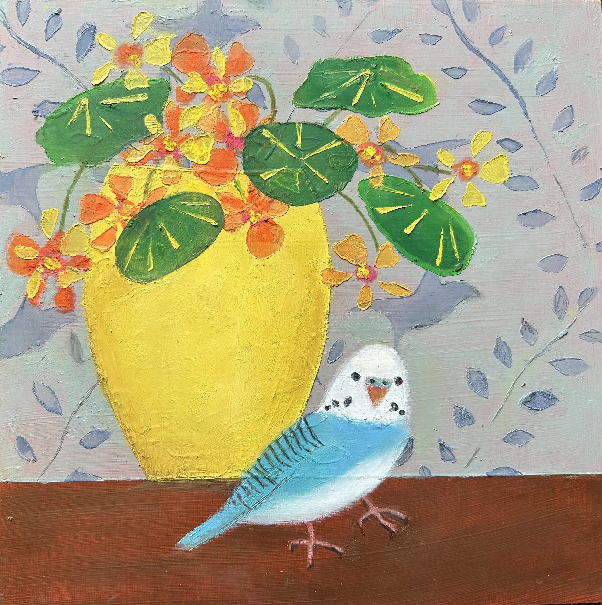 "Nasturtiums and Budgie", Paintstick and pencil on cradled board, 8” x 8” x 7/8”