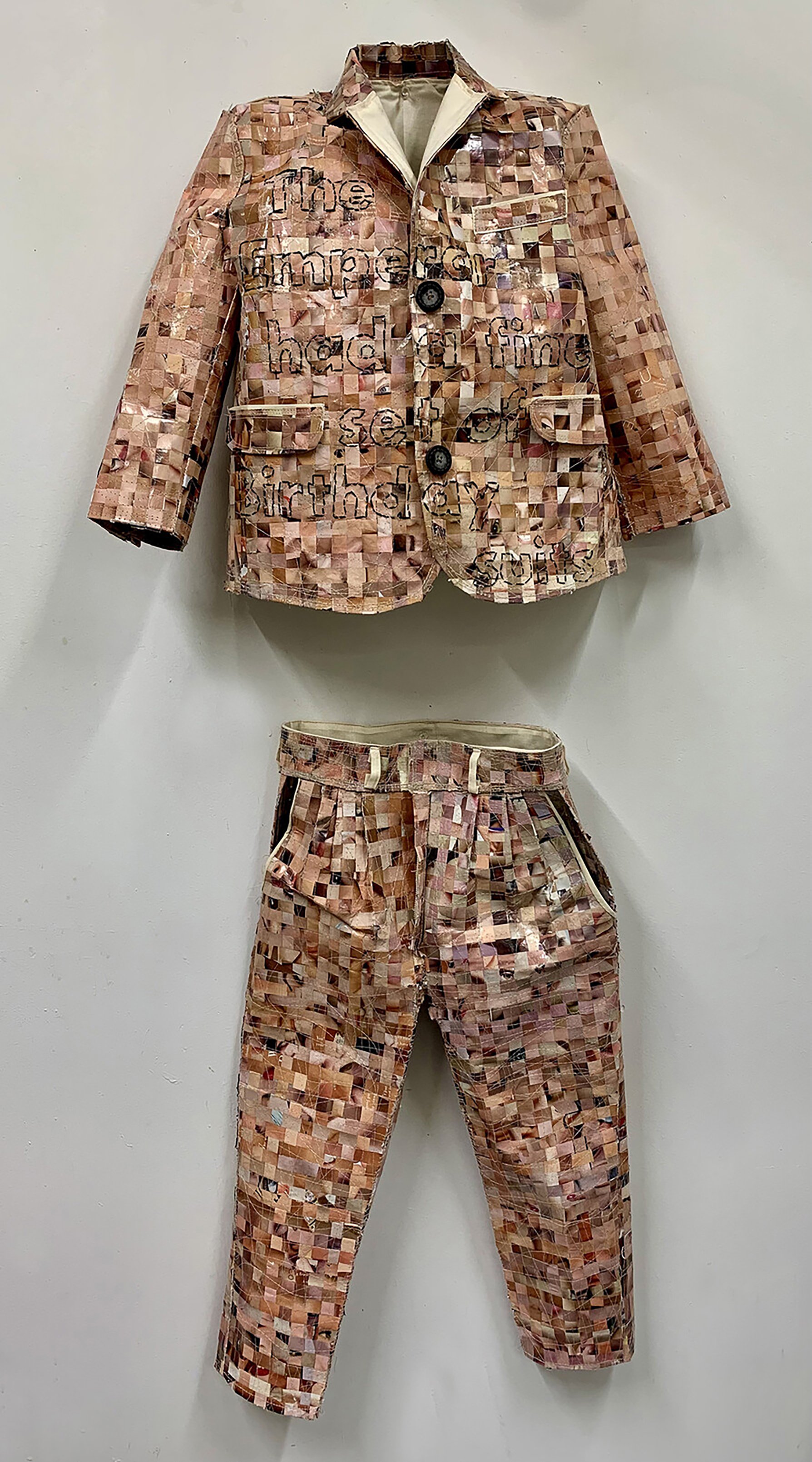 Birthday Suit / Collaged magazine skin tones, muslin, buttons, zipper, embroidery / Boy’s size 6 suit / 2022

