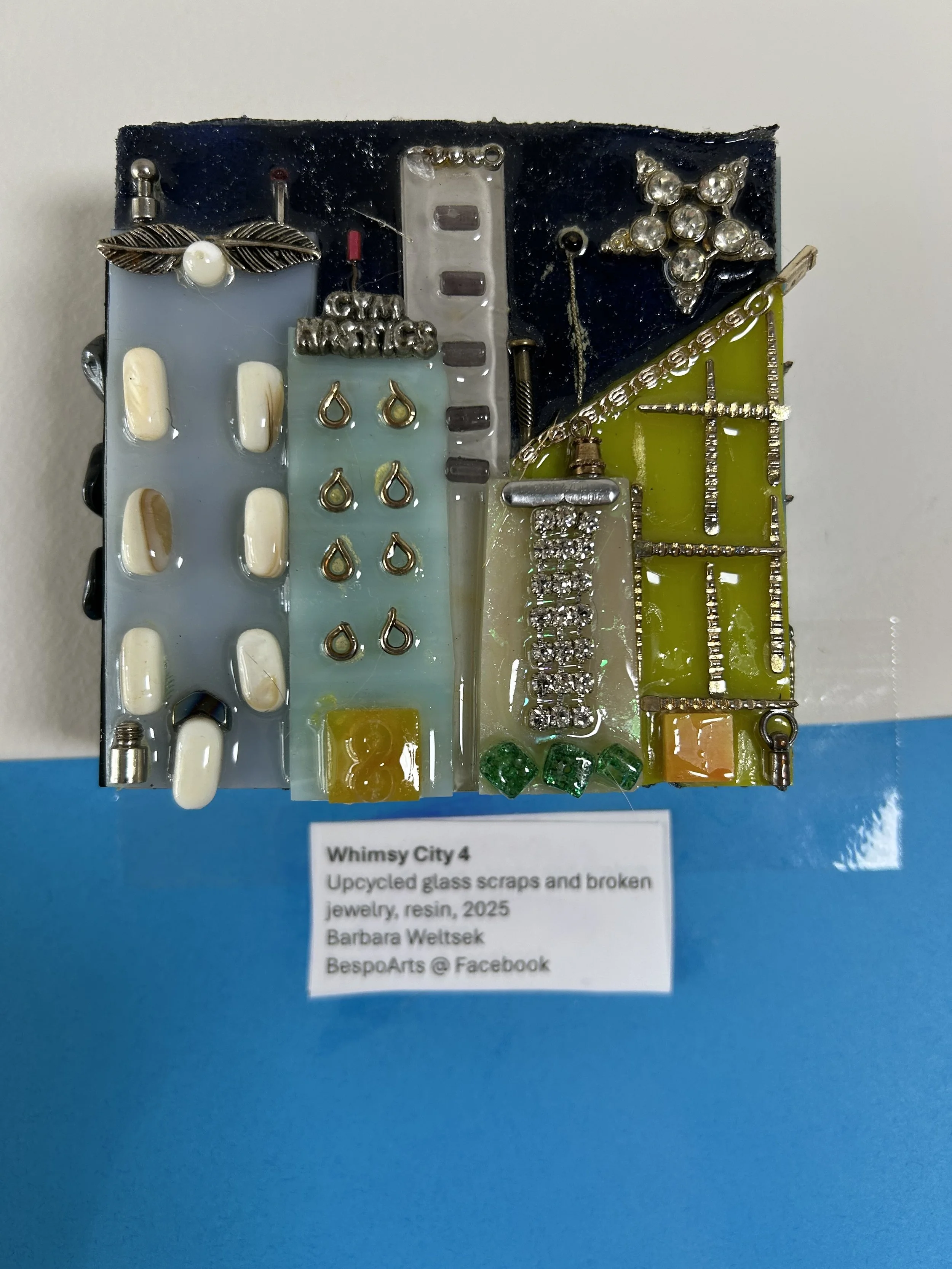 Whimsy City 4 /
Upcycled glass scraps and broken jewelry, resin, 2025
