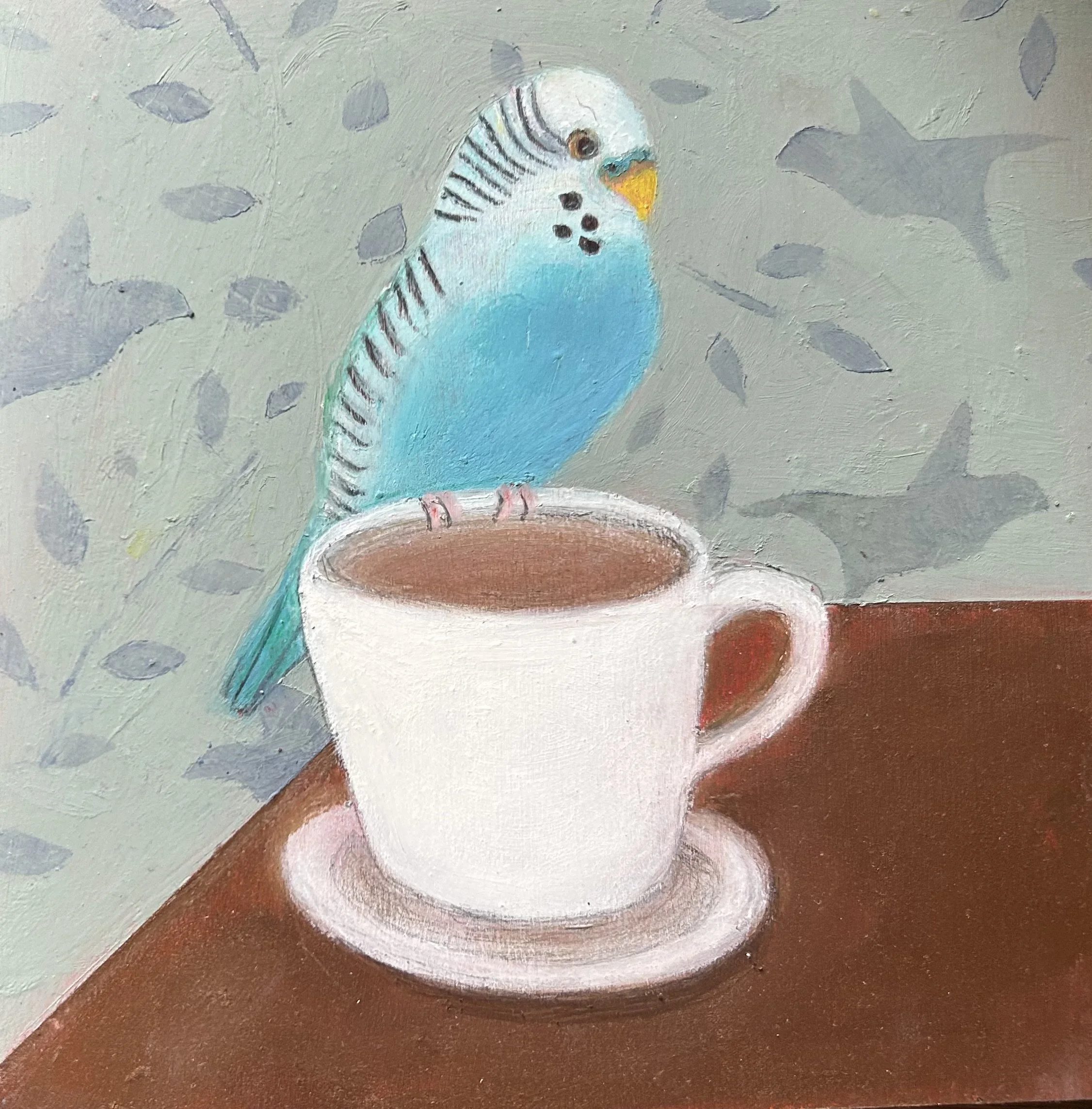 "Budgie and Tea", Paintstick and pencil on cradled board, 6” x 6” x 7/8”