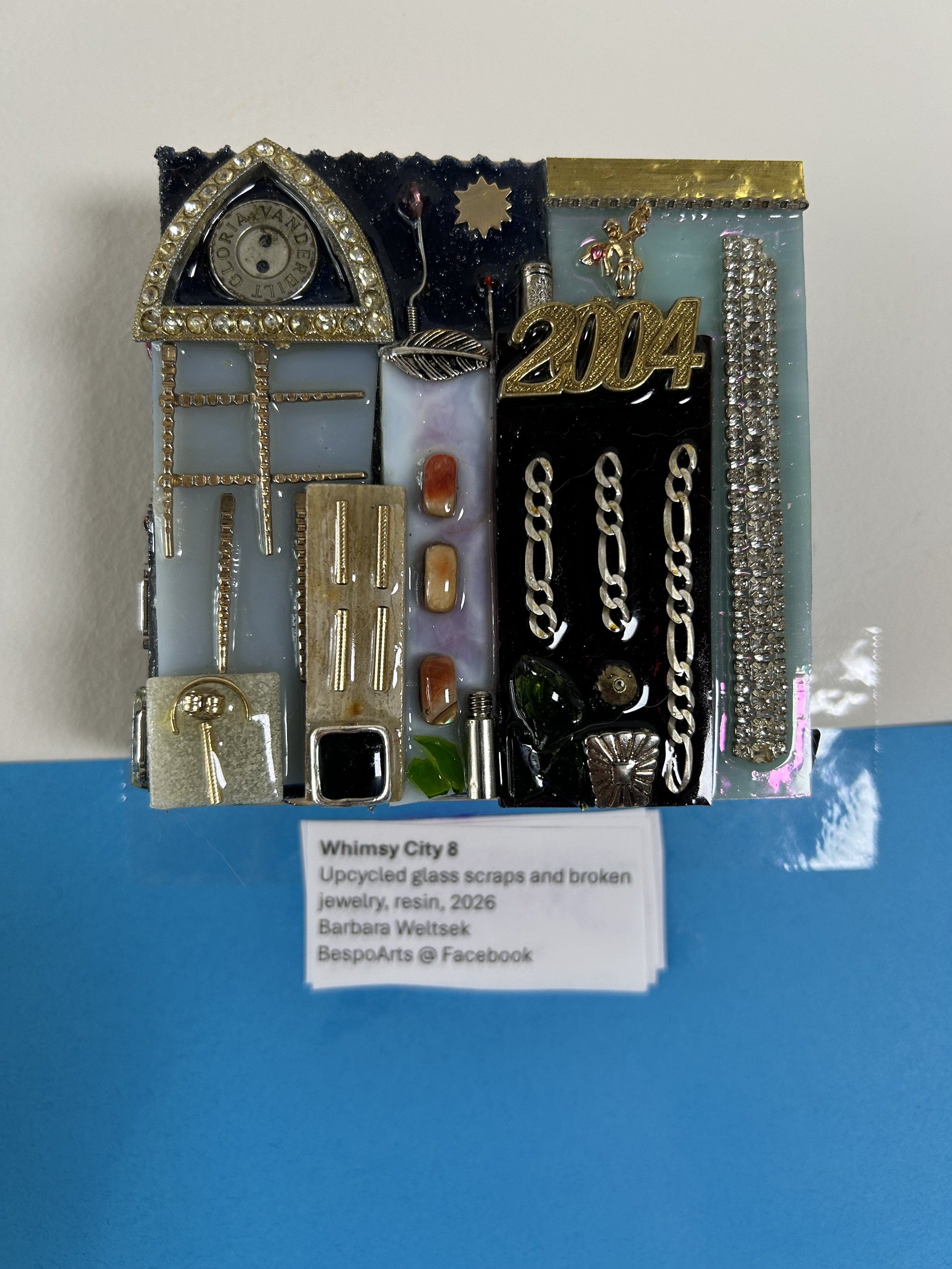 Whimsy City 8 /
Upcycled glass scraps and broken jewelry, resin, 2025