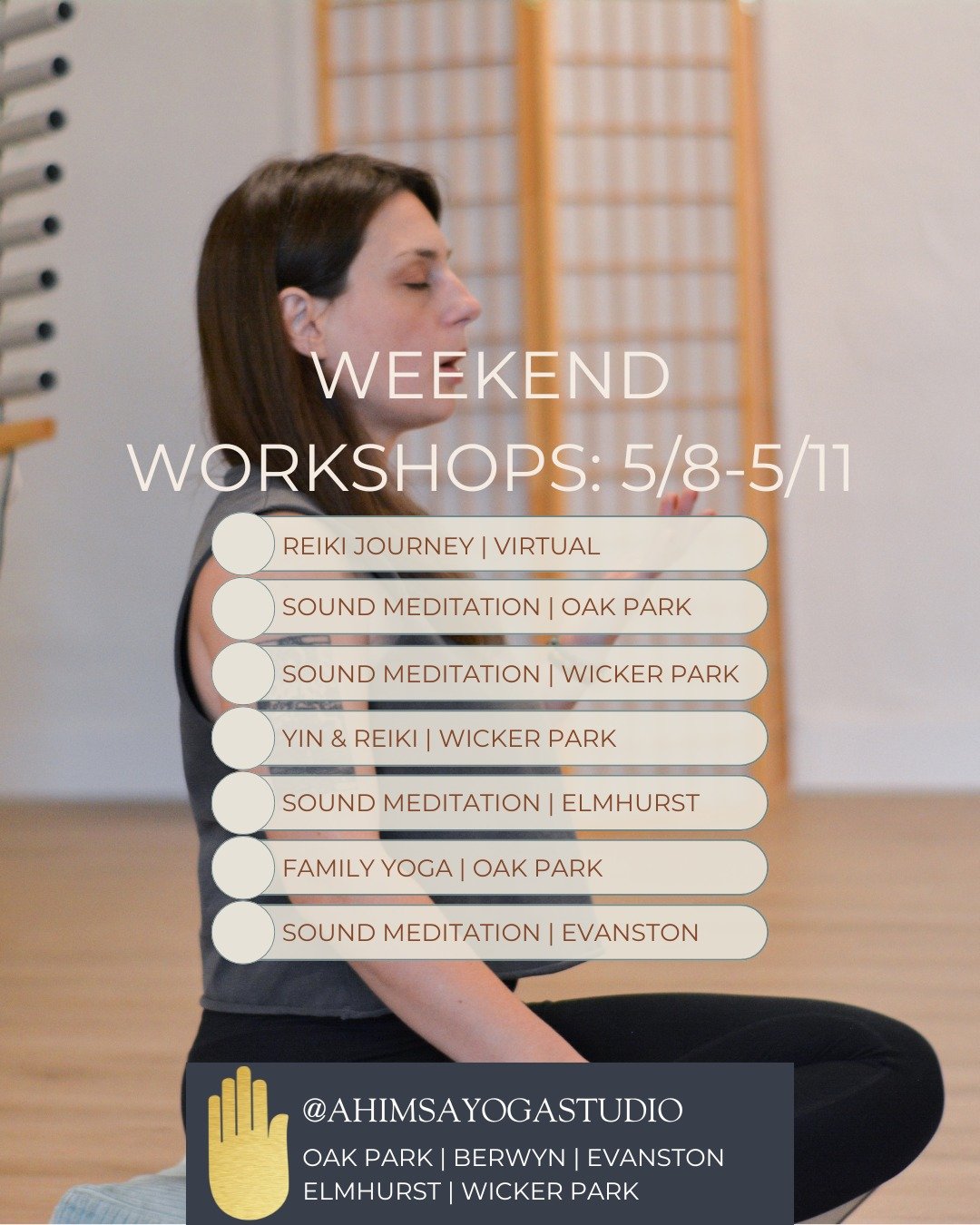 We have a busy weekend ahead - starting tonight!
Join us for a special event like a sound meditation or a yoga workshop - truly something for everyone, even Mom--don't forget Mother's Day is on Sunday!

See the full details and register: https://ahim