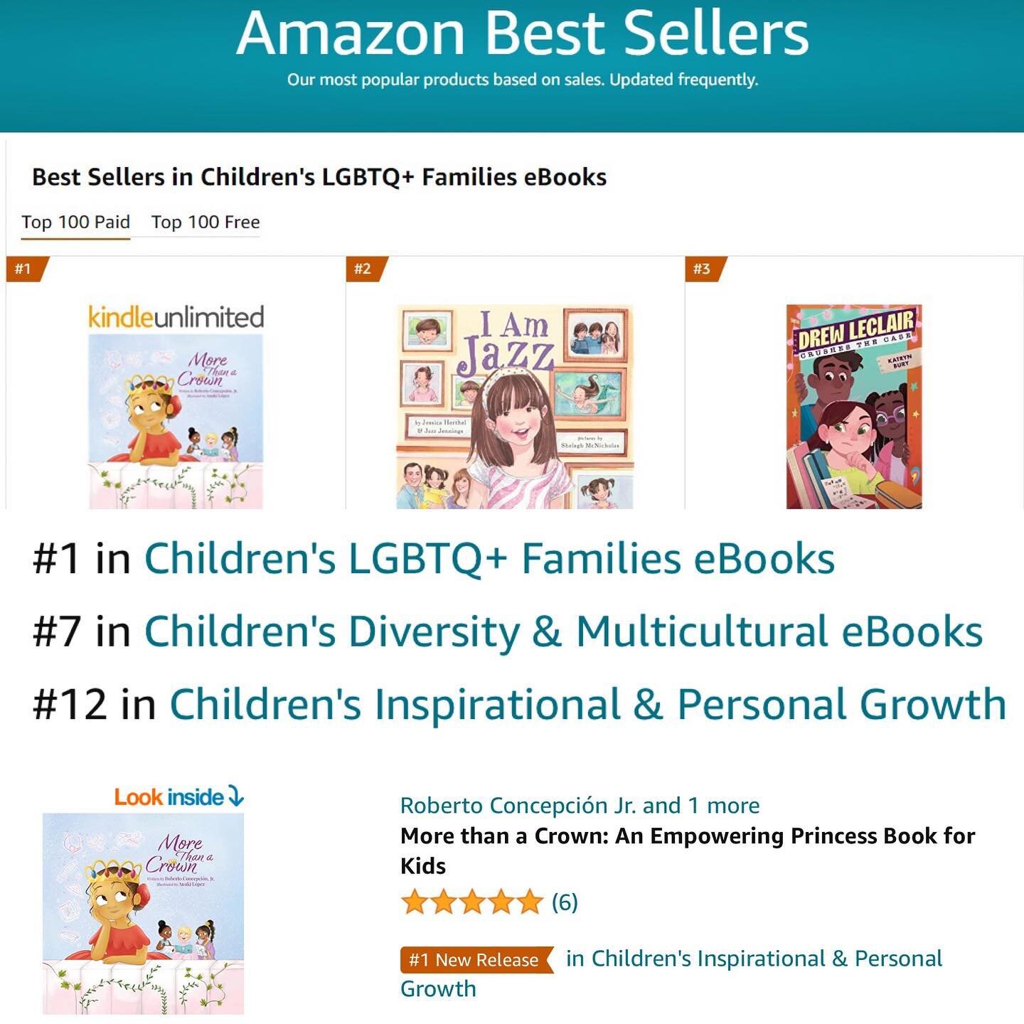 Sharing more good news from the weekend 📣. &ldquo;More Than a Crown&rdquo; was a #1 New Release in Children&rsquo;s Inspirational &amp; Personal Growth, and topped the Amazon best sellers list in a few more categories! 🏆 
#1 in LGBTQ+ Families eBoo