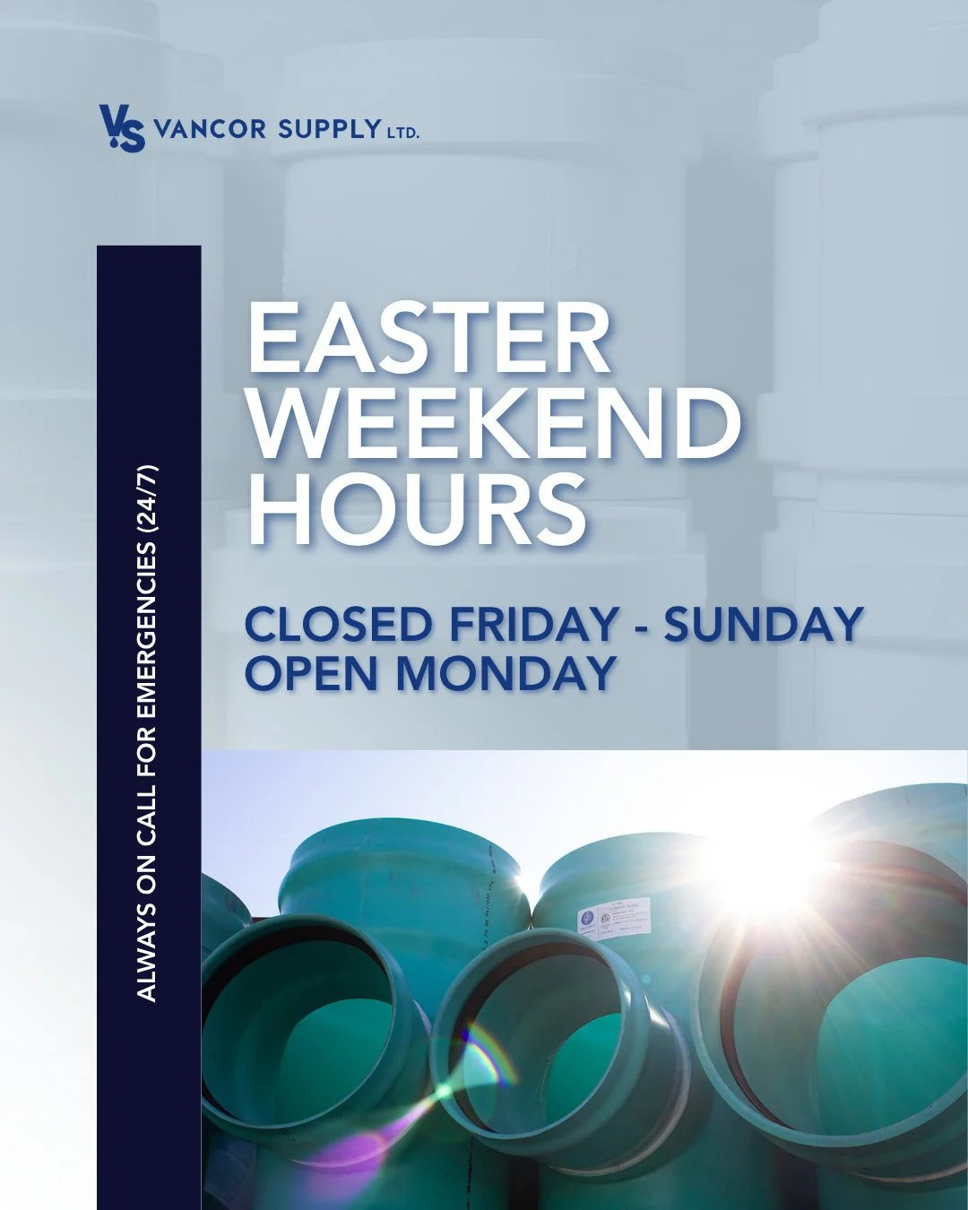 Please note our Easter weekend hours ⬇️⁠
⁠
Our office and warehouse will be closed Friday through Sunday for Easter weekend, reopening Monday.⁠
⁠
If something does come up, we&rsquo;re still on call 24/7 for emergencies.⁠
⁠
Wishing everyone a safe an