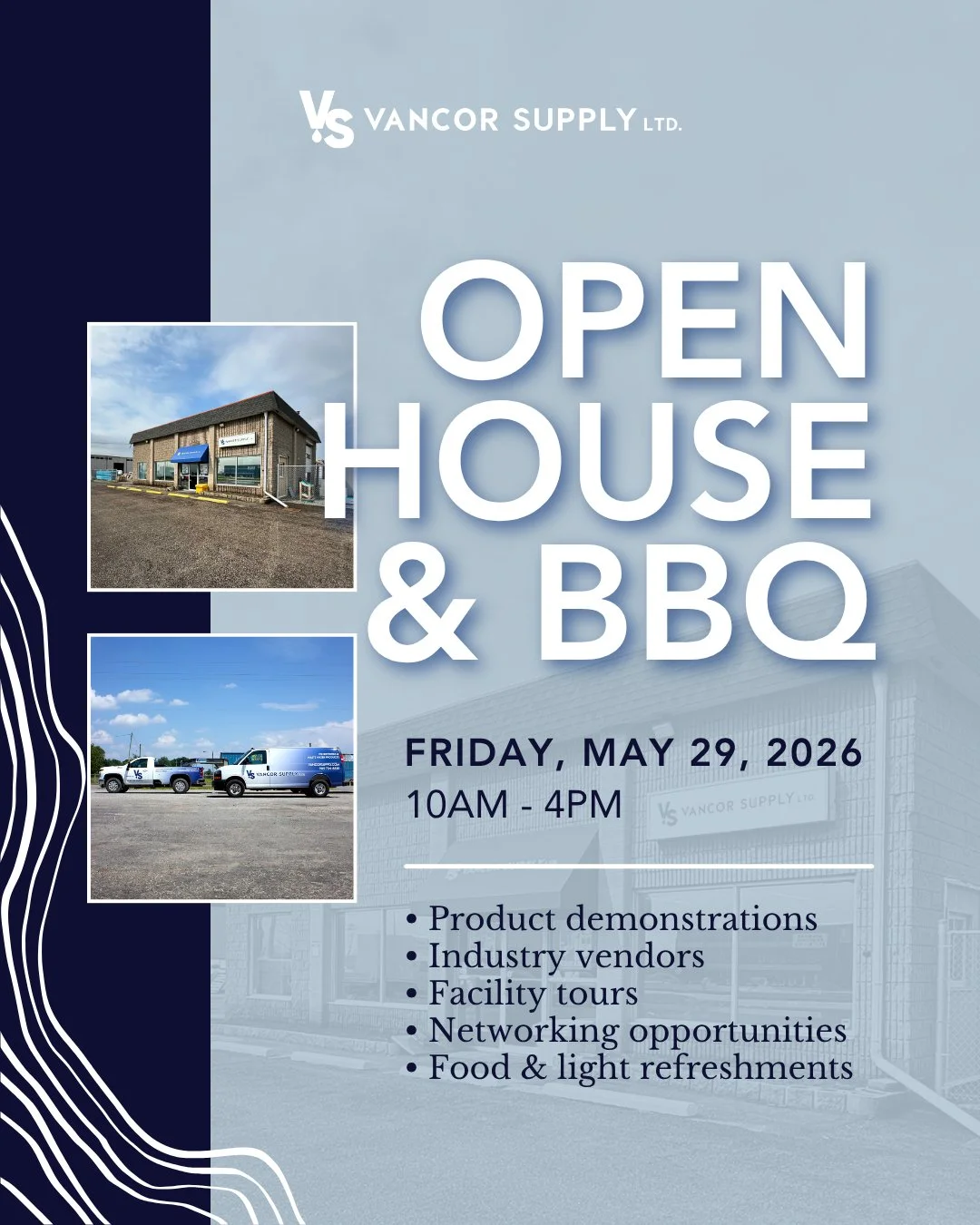 Looking for a waterworks supplier in the Niagara Region?⁠
⁠
Come meet the team behind Vancor Supply Ltd.!⁠
⁠
Join us for our Open House &amp; BBQ on Friday, May 29 from 10AM&ndash;4PM. This is your chance to connect with industry vendors, explore pro