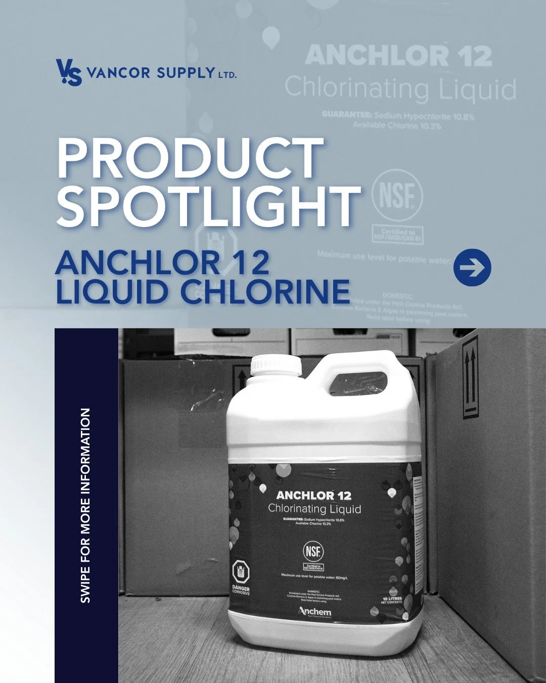 Anchlor 12 is one of the treatment products used behind the scenes in municipal water operations.

This commercial-grade 12% sodium hypochlorite solution is used in municipal water treatment for applications including disinfection, oxidation and odou