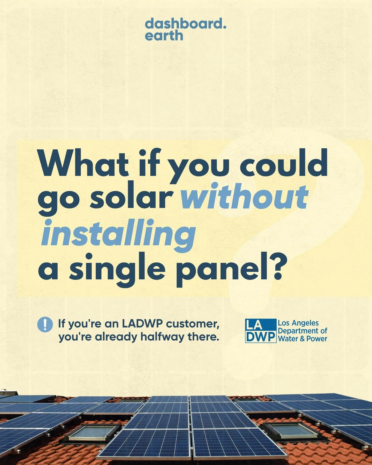 What if you could go solar without installing a single panel?

If you're an LADWP customer, you're already halfway there.

#SolarPower #CleanEnergy #RenewableEnergy #SolarEnergy #GoSolar #SustainableLiving #ClimateSolutions #GreenEnergy #SolarPanels 