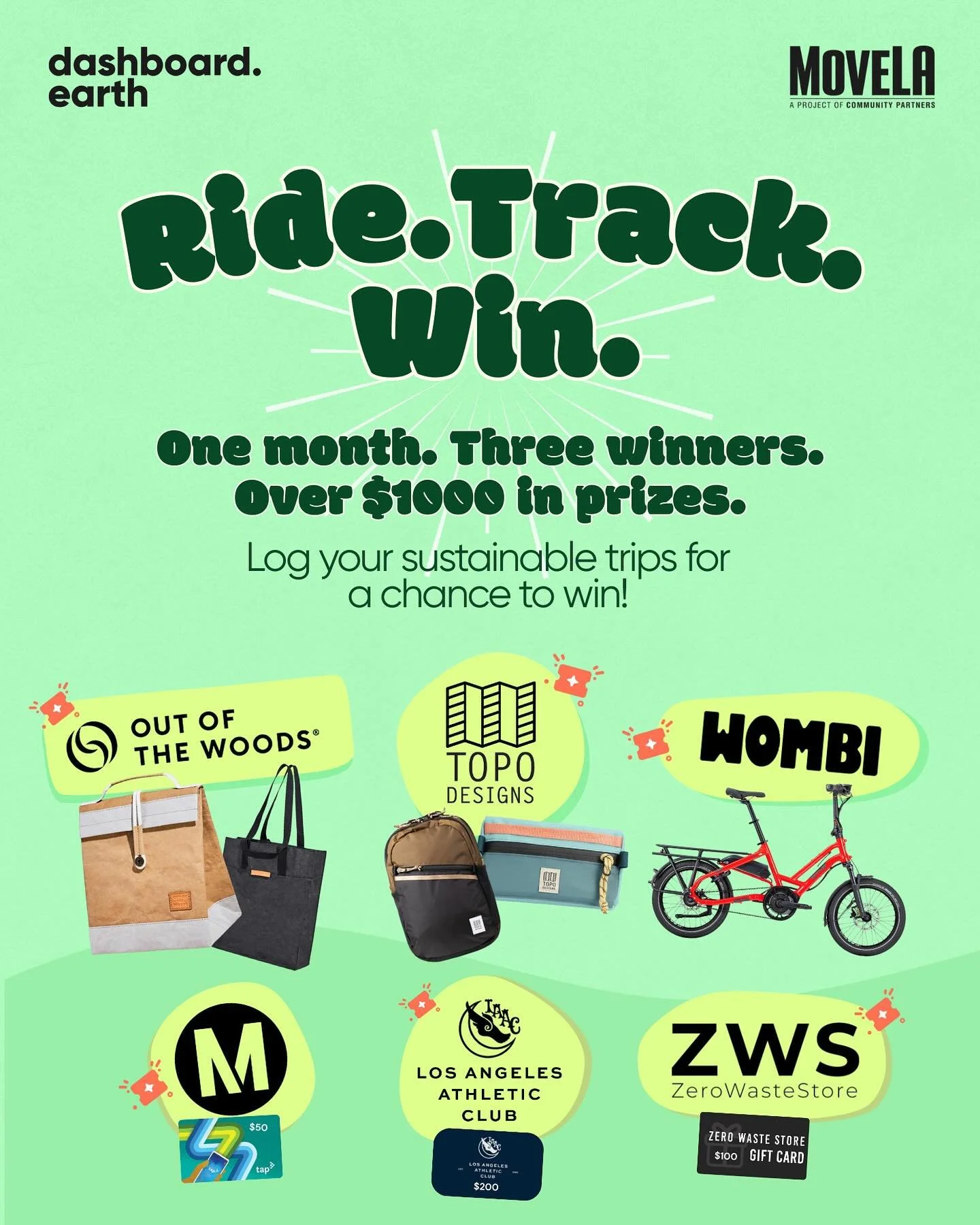 The Transit Month Community Impact Challenge is in full swing &mdash; and the prizes? So good. 🚲🎉

Swipe through to check out what&rsquo;s up for grabs and show some love to our amazing partners who made it happen. Then hit the Dashboard.Earth app 