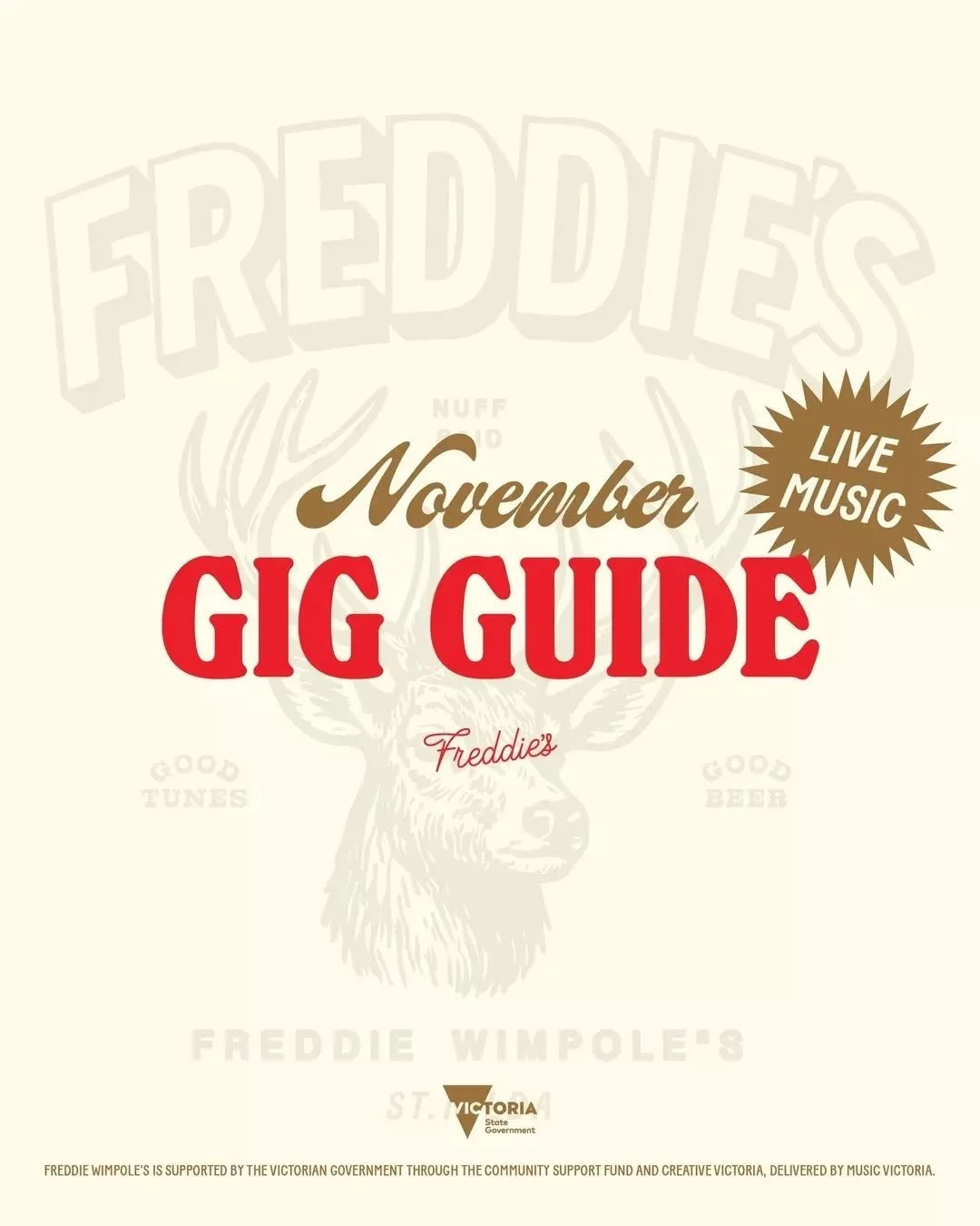 November Gig Guide at Freddie's. 
Live music four days a week (Thursday - Sunday), including new DJ sets and indie tunes to laid-back Southern Sunday sessions. The stage is stacked with local talent, keeping the energy high and the beers flowing. See