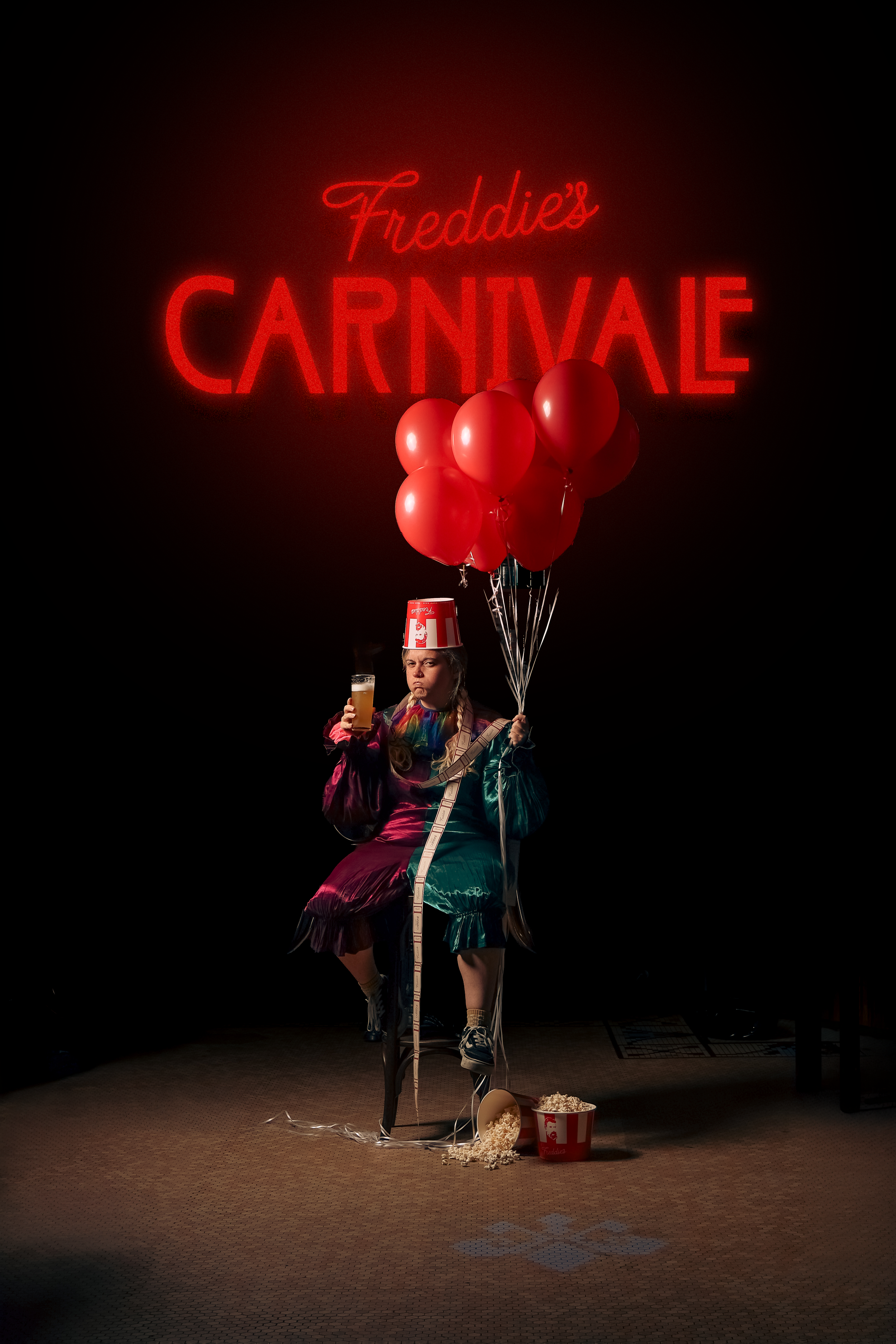 A menacing looking person dressed as a clown holding a beer with balloons and popcorn at their feet.