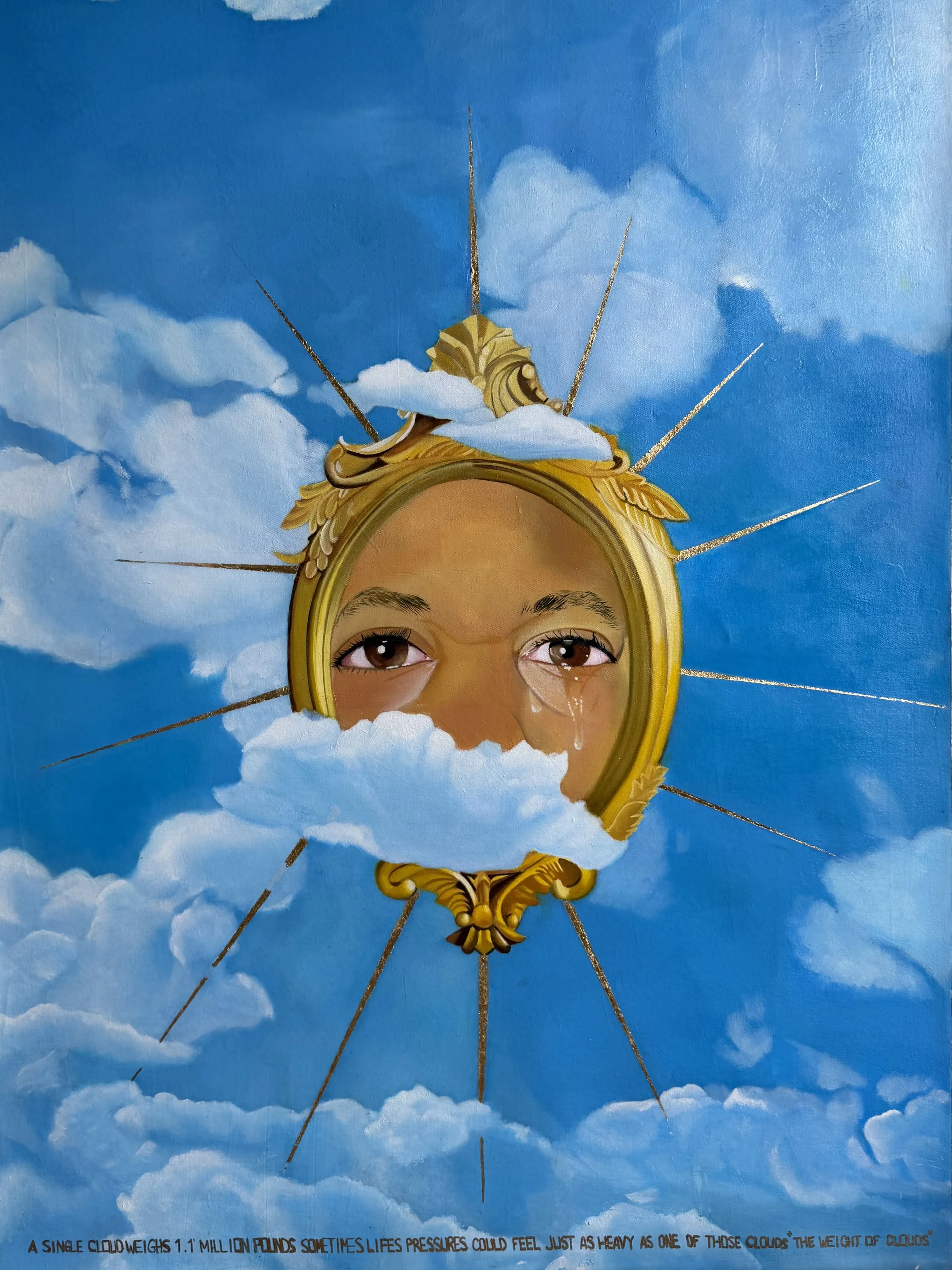 THE WEIGHT OF CLOUDS

36 x 48”  Oil & Gold Leaf On Linen. 2024 

In a realm where the ground touches the heavens, the weight of clouds dances upon the horizon. These ethereal masses, once thought to hold only raindrops and dreams, display an enchanti