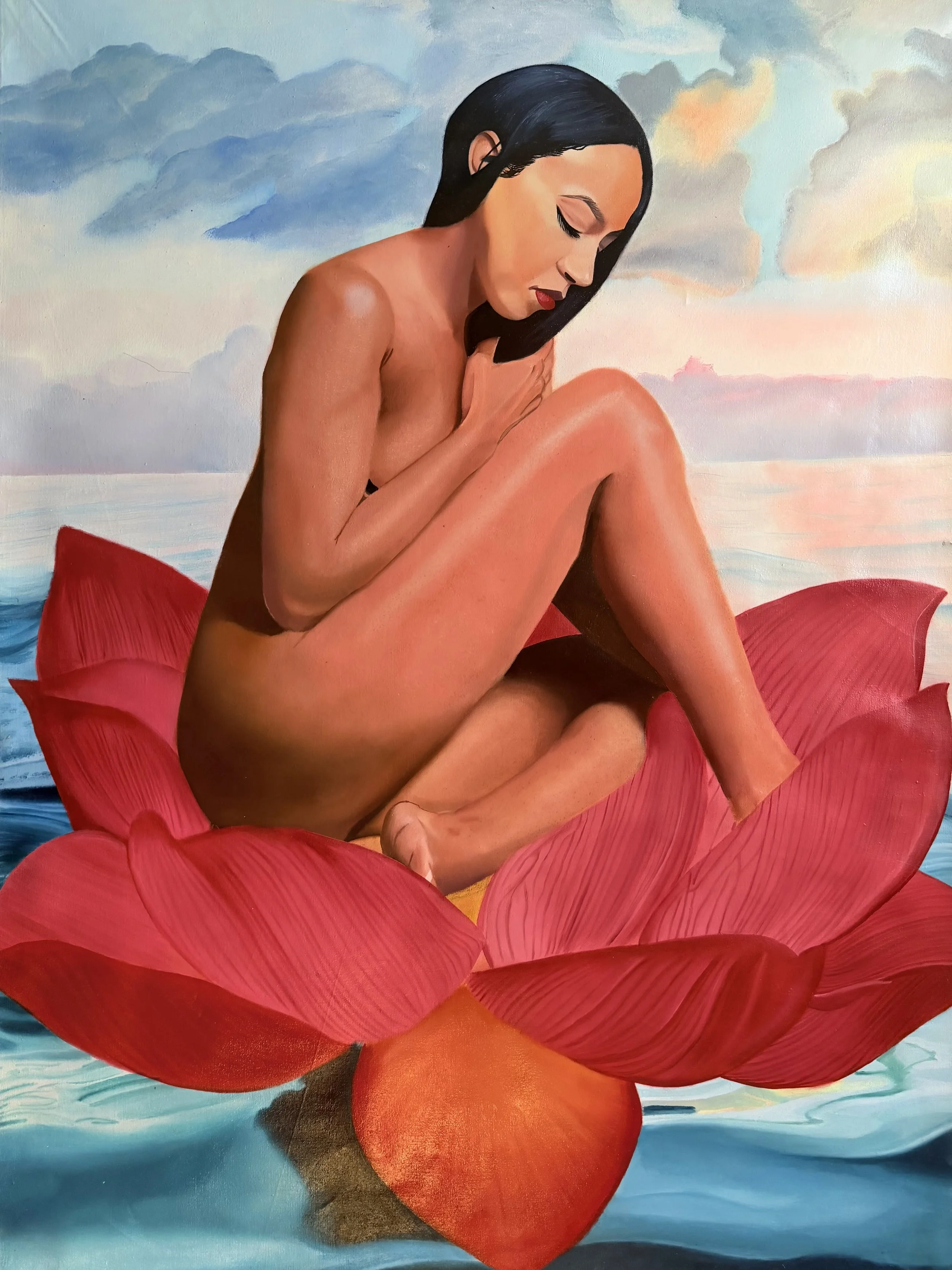 BLOOM. 36 x 48”  Oil On Linen. 2023. In a world brimming with possibilities, the idea of blooming resounds deeply within us all. Like delicate lotus flowers blooming through dark muddy waters, we too have the potential to unfold and reveal the stunni