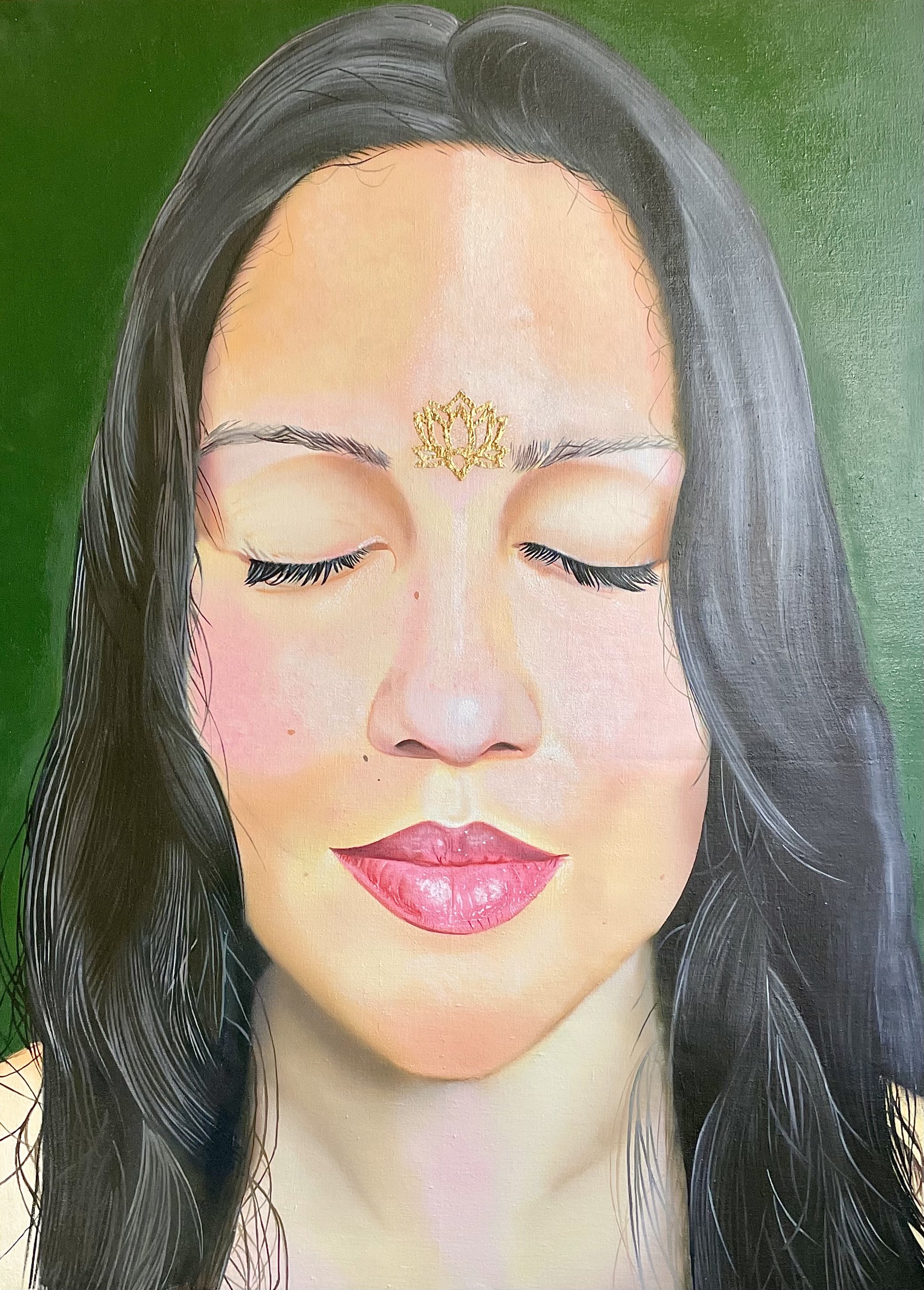 LOTUS. 26 x 36” Oil & Gold Leaf On Linen. 2022. The acronym LOTUS stands for "Light of the Universal Soul." "The Blooming of a Lotus Flower" is a symbolic representation of enlightenment in many Eastern cultures, particularly in Buddhism. The lotus
