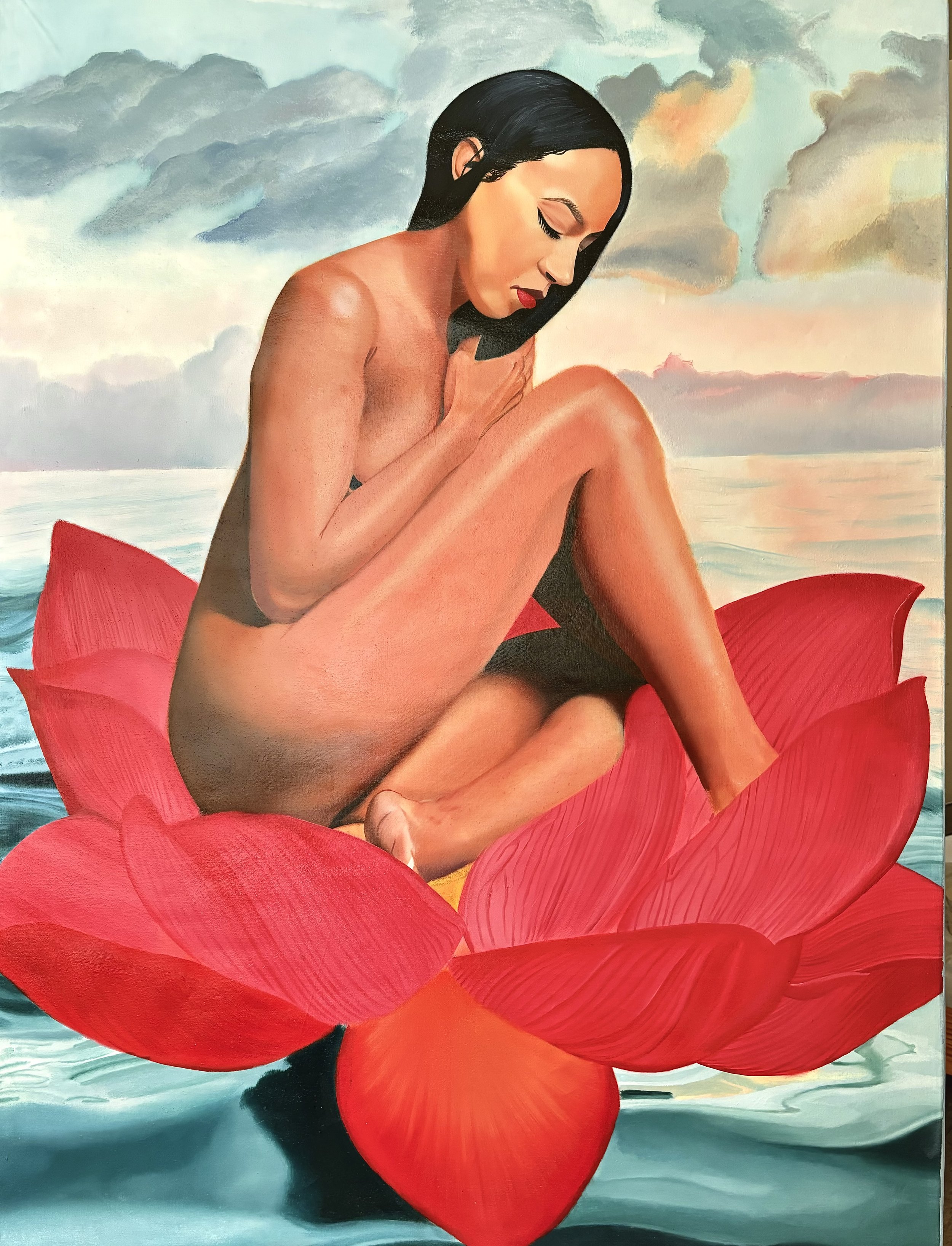 BLOOM. 36 x 48” Oil On Linen. 2023. In a world brimming with possibilities, the idea of blooming resounds deeply within us all. Like delicate lotus flowers blooming through dark muddy waters, we too have the potential to unfold and reveal the stunni