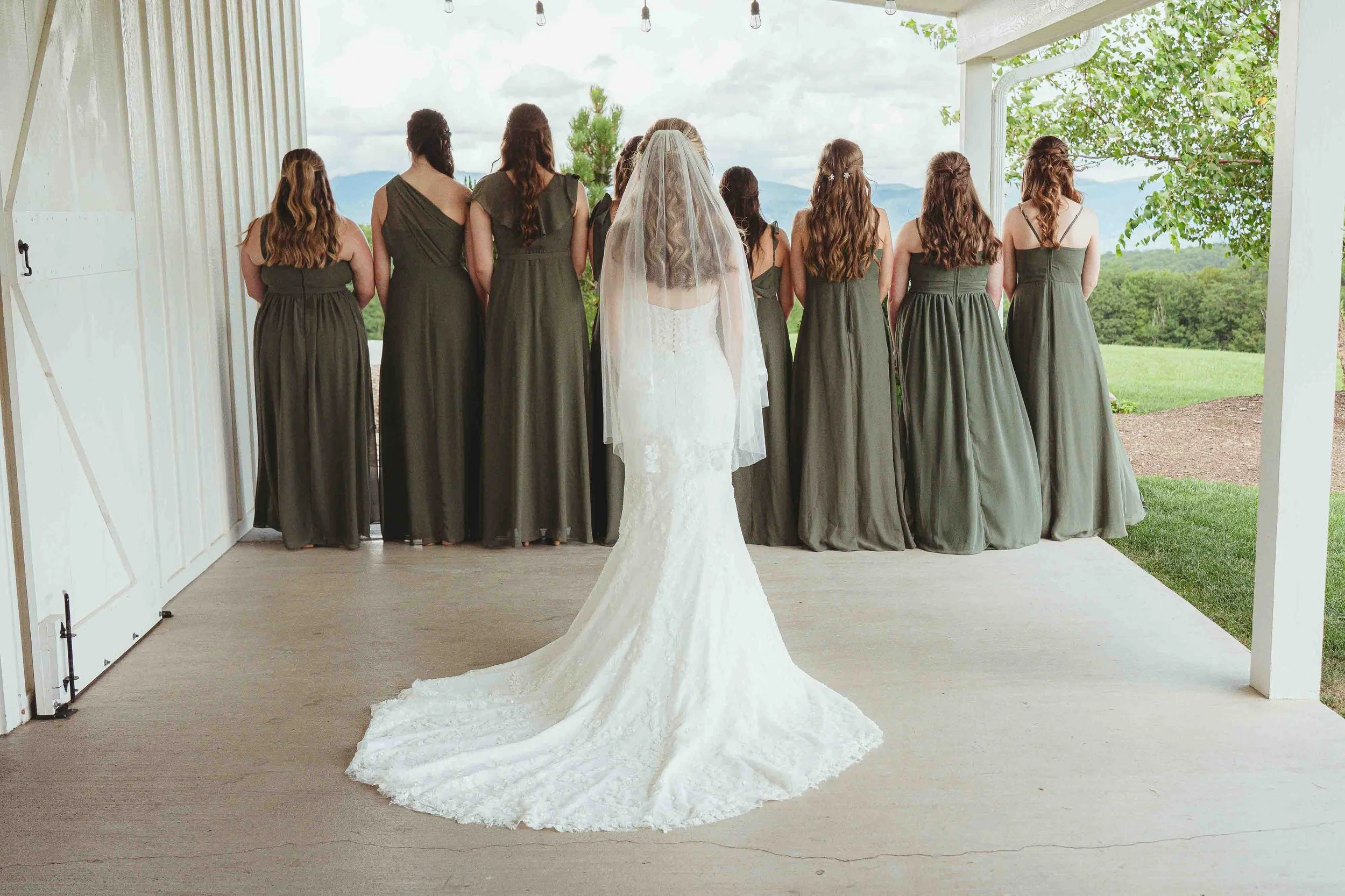 Bridal party standing outdoors, with the bride in a white wedding dress and veil, and bridesmaids in dark green dresses, viewed from behind.