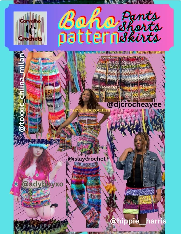 Advertisement for Boho pattern pants, shorts, and skirts featuring colorful crochet designs. Includes images of various crochet clothing and models wearing vibrant boho-style crochet outfits, with social media handles.