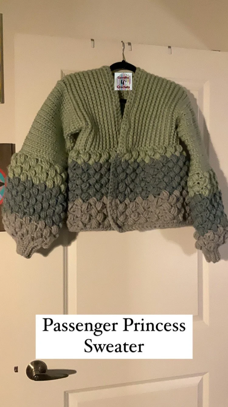 A knitted multicolored sweater hanging on a hanger on a white door, labeled "Passenger Princess Sweater."