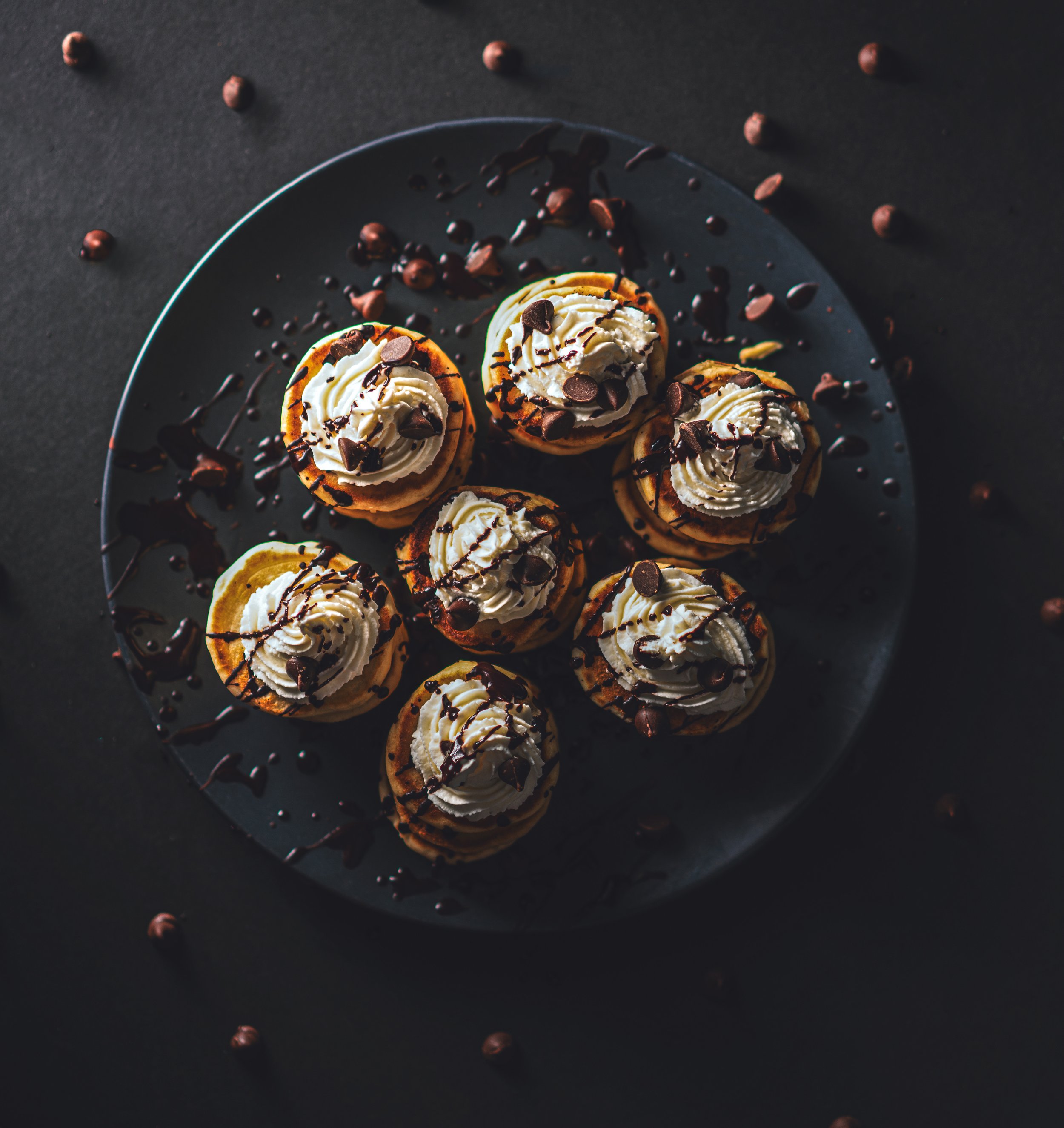 Dark moody food photography of mini pancakes overhead shot, Sacramento food photographer