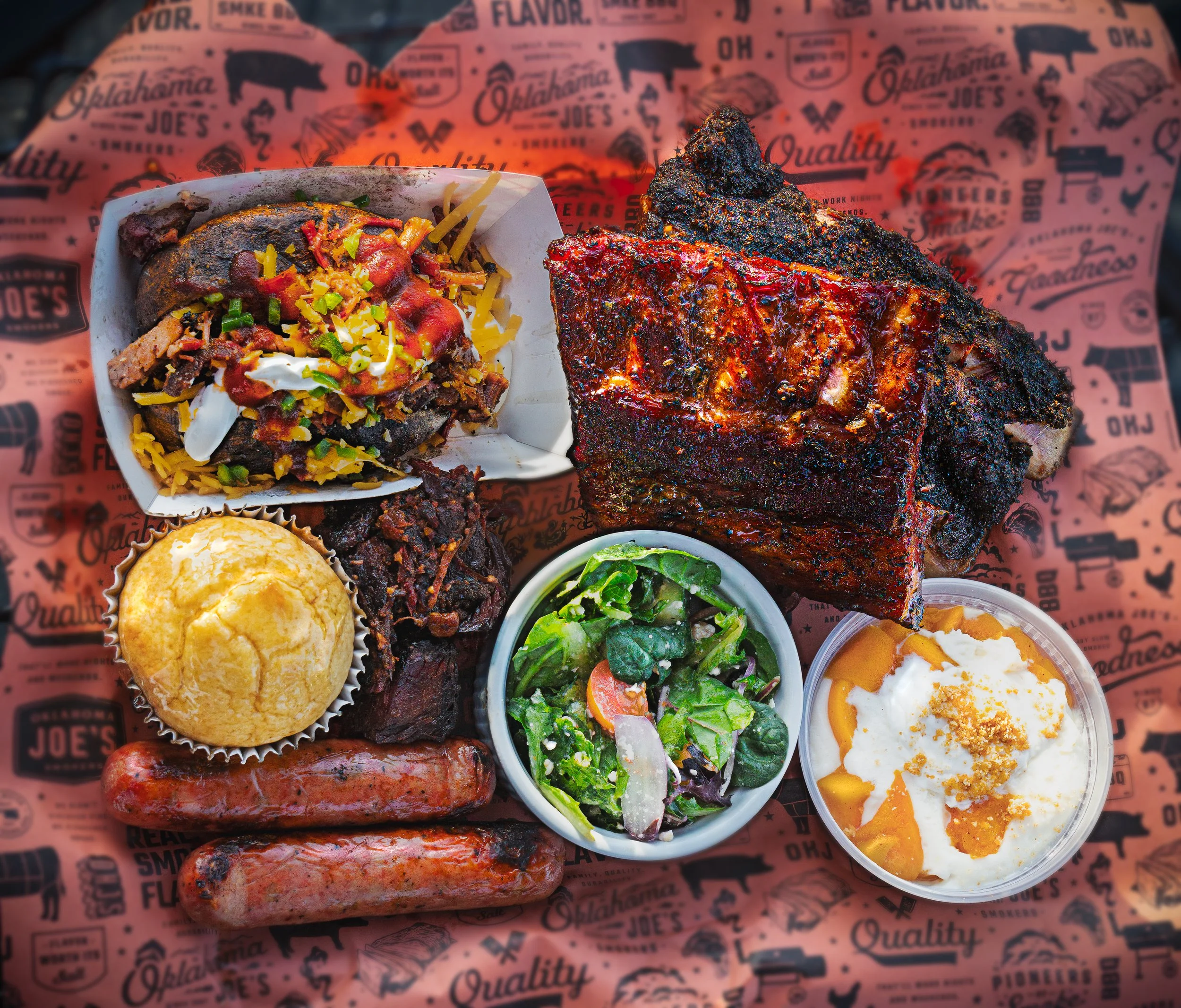 Overhead food photography of BBQ ribs and sides at Sacramento pop-up event