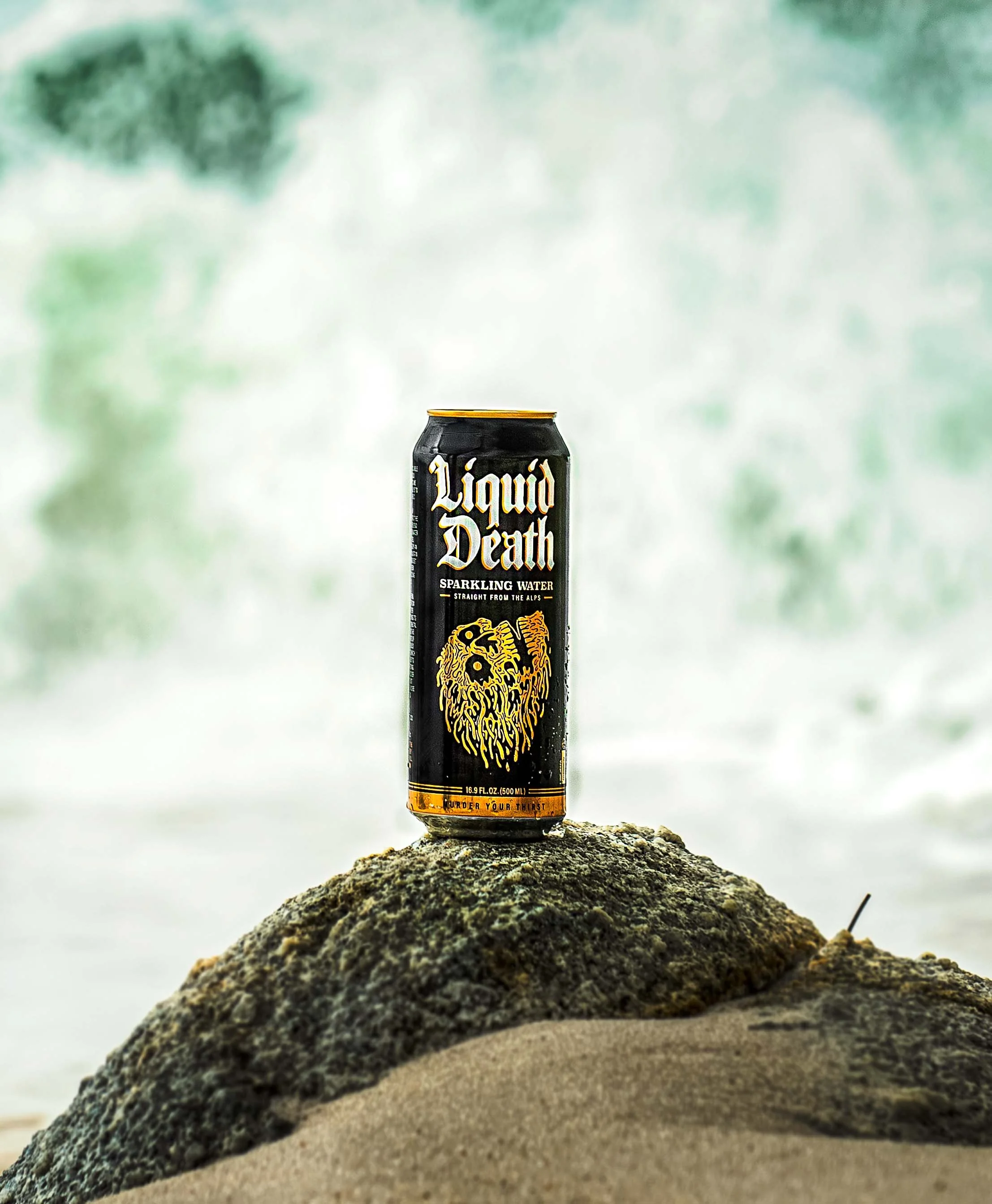 Editorial product photography of Liquid Death can outdoors, Sacramento commercial photographer
