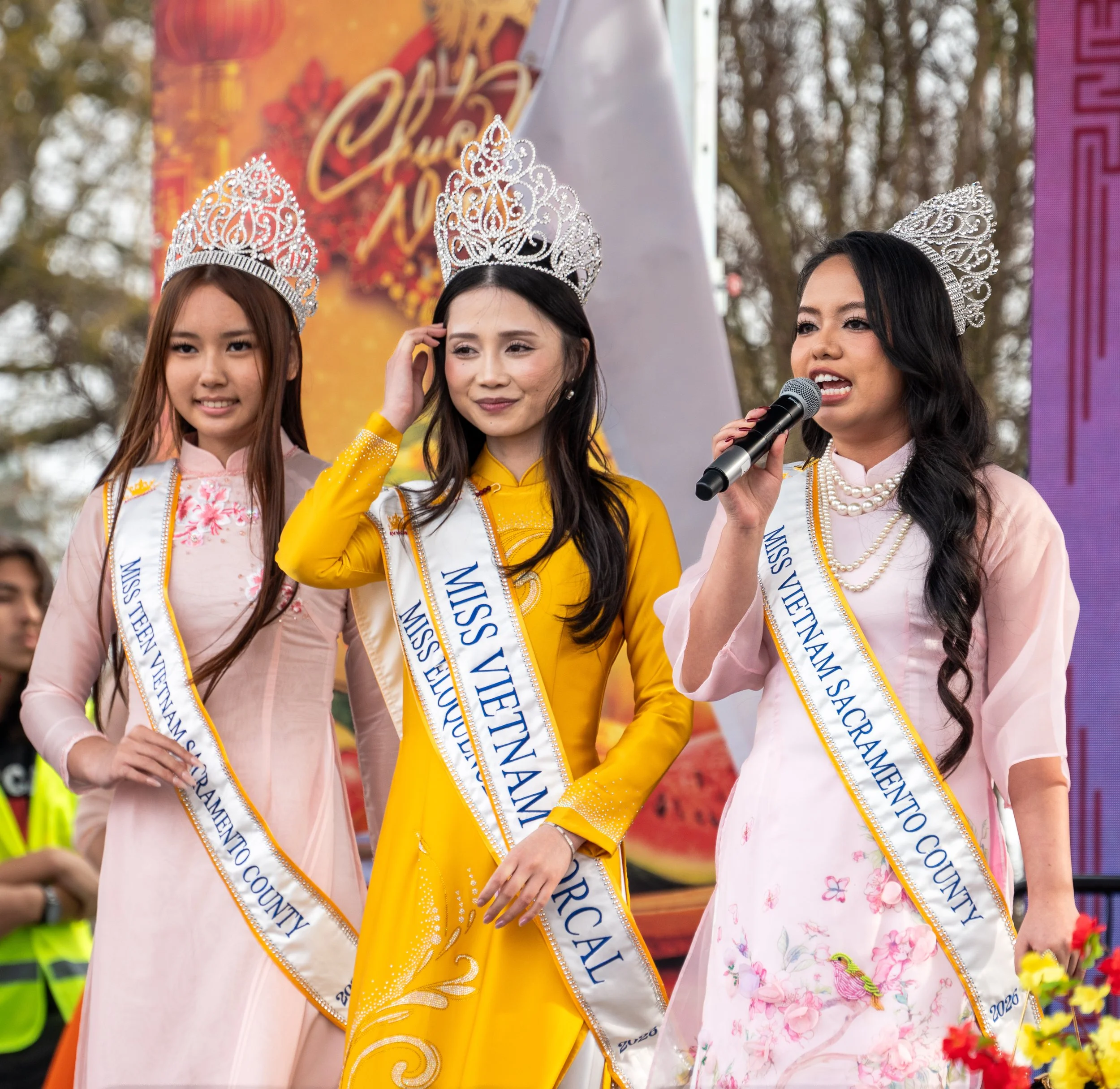 Miss Vietnam Sacramento County pageant representatives on stage at the 2026 Elk Grove Tết Festival