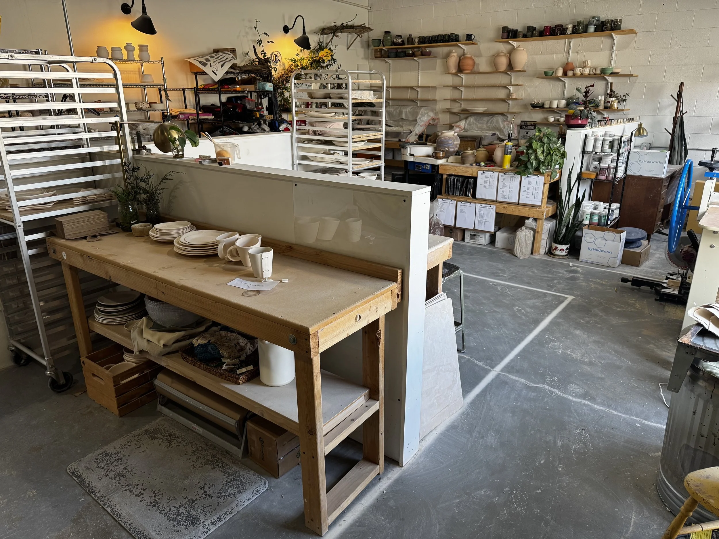 Cubicle style makers spaces at Old Shcool Farm Pottery, a nonprofit Nashville Pottery