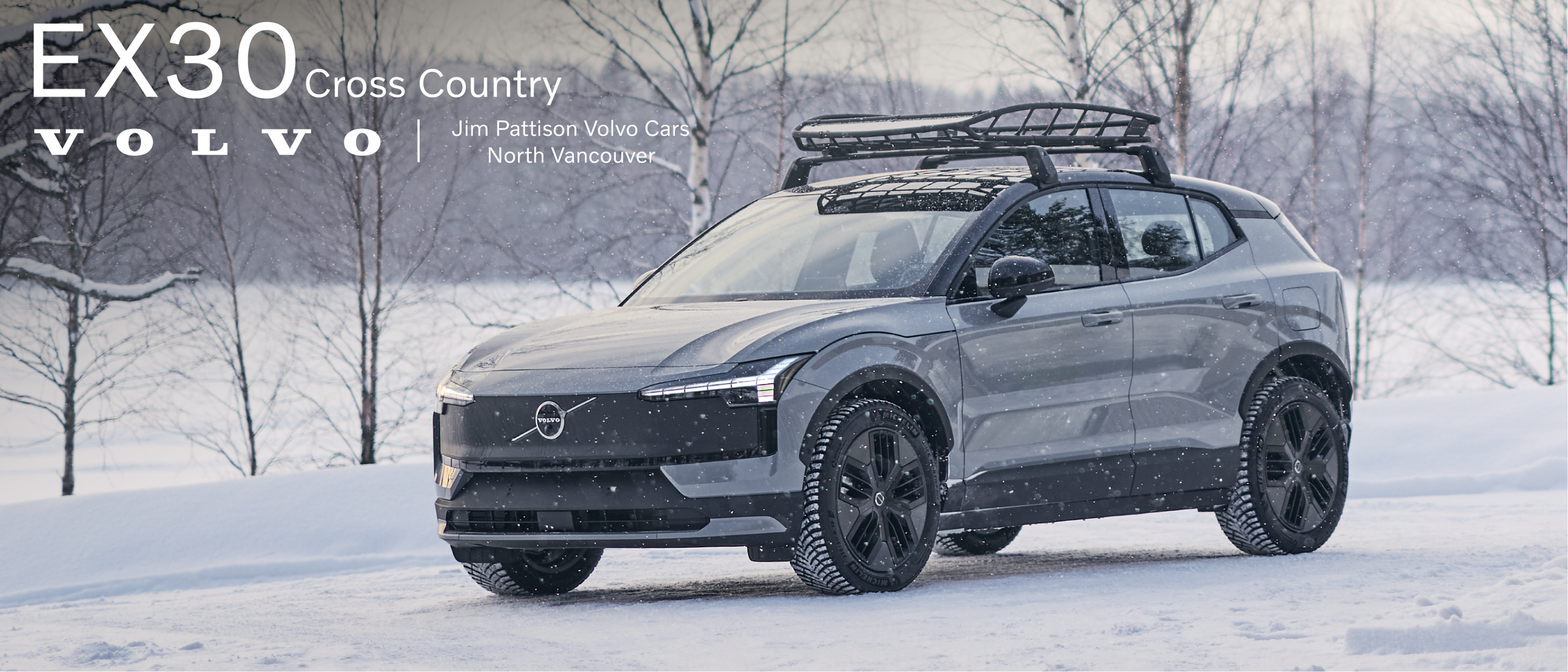 A gray Volvo EX30 Cross Country vehicle parked on snow-covered ground with a snowy forest in the background and snow falling.