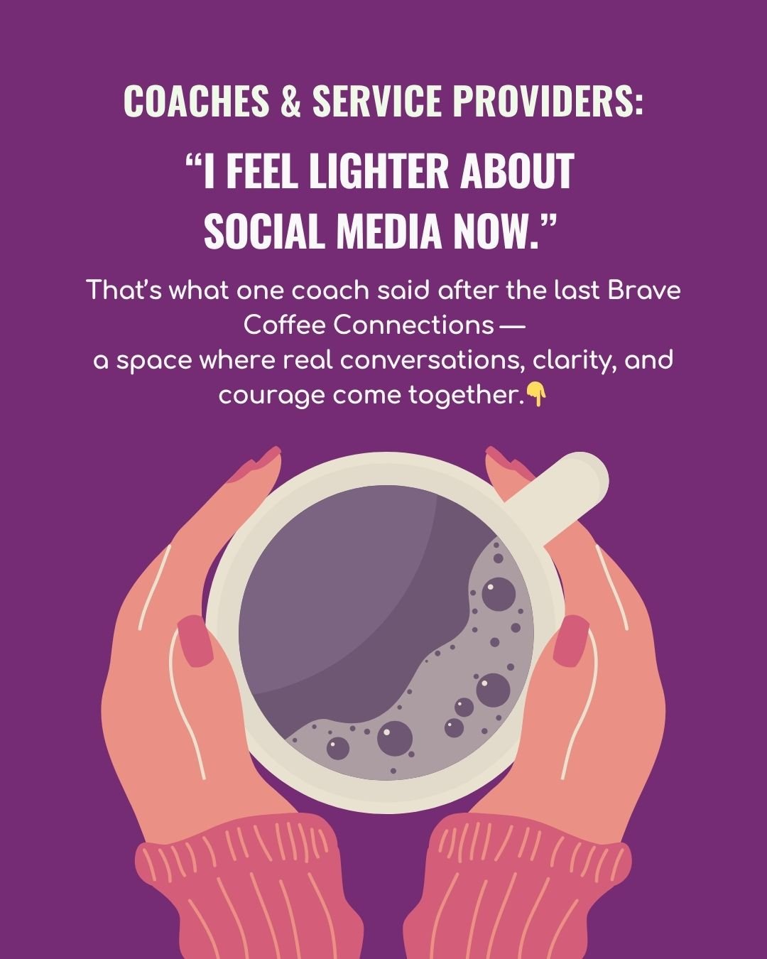 𝐂𝐨𝐚𝐜𝐡𝐞𝐬 &amp; 𝐒𝐞𝐫𝐯𝐢𝐜𝐞 𝐏𝐫𝐨𝐯𝐢𝐝𝐞𝐫𝐬:

&ldquo;I feel lighter about social media now.&rdquo; 💛

That&rsquo;s what one coach said after the last 𝐁𝐫𝐚𝐯𝐞 𝐂𝐨𝐟𝐟𝐞𝐞 𝐂𝐨𝐧𝐧𝐞𝐜𝐭𝐢𝐨𝐧𝐬 &mdash; and that pretty much sums it up.
