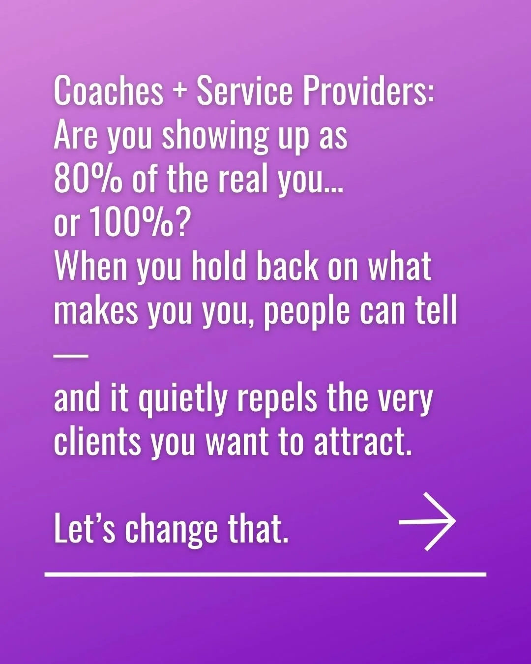 𝐂𝐨𝐚𝐜𝐡𝐞𝐬 + 𝐒𝐞𝐫𝐯𝐢𝐜𝐞 𝐏𝐫𝐨𝐯𝐢𝐝𝐞𝐫𝐬:

Are you showing up as 𝟖𝟎% 𝐨𝐟 𝐭𝐡𝐞 𝐫𝐞𝐚𝐥 𝐲𝐨𝐮&hellip; 𝐨𝐫 𝟏𝟎𝟎%?

Because when you hold back on what makes you 𝑦𝑜𝑢,  people can feel it.

It dulls your magnetism.

And the clients w