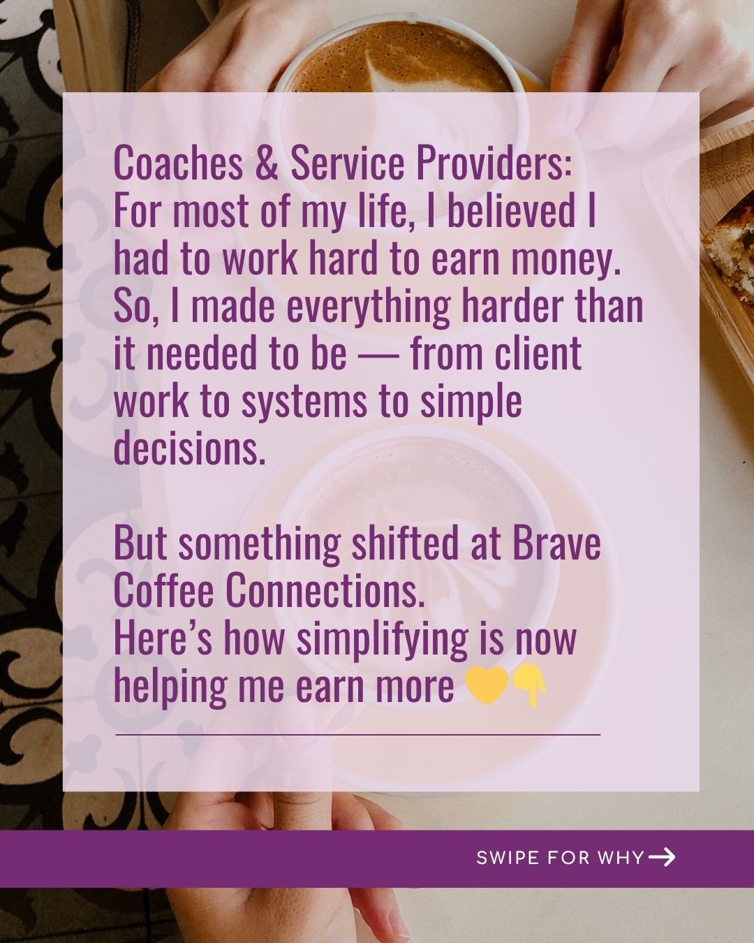 𝐂𝐨𝐚𝐜𝐡𝐞𝐬 &amp; 𝐒𝐞𝐫𝐯𝐢𝐜𝐞 𝐏𝐫𝐨𝐯𝐢𝐝𝐞𝐫𝐬:

For most of my life, I believed that earning money meant 𝑤𝑜𝑟𝑘𝑖𝑛𝑔 ℎ𝑎𝑟𝑑.

So I overcomplicated everything.

Client processes, reports, systems &mdash; even simple decisions.

It made me