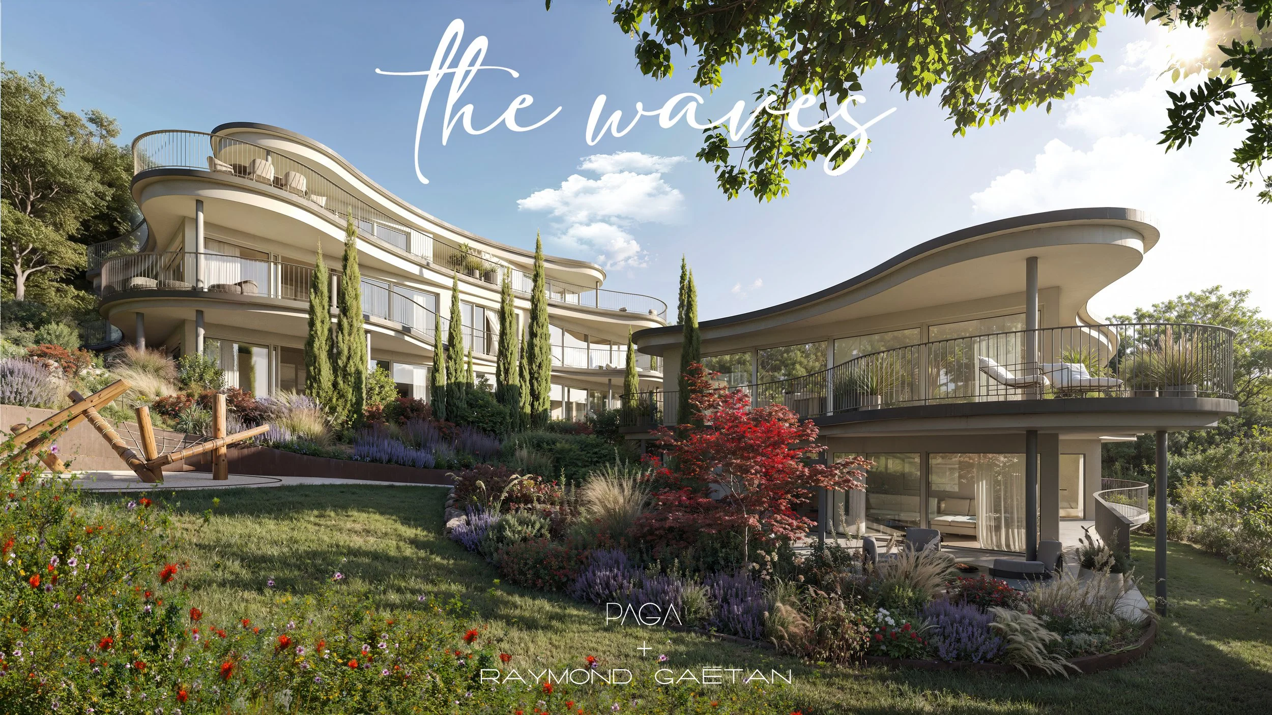 Architectural visualization of The Waves, a luxury residential development in Arlesheim featuring flowing contemporary forms, expansive terraces and lush landscaped gardens. Designed by Raymond Gaëtan.
