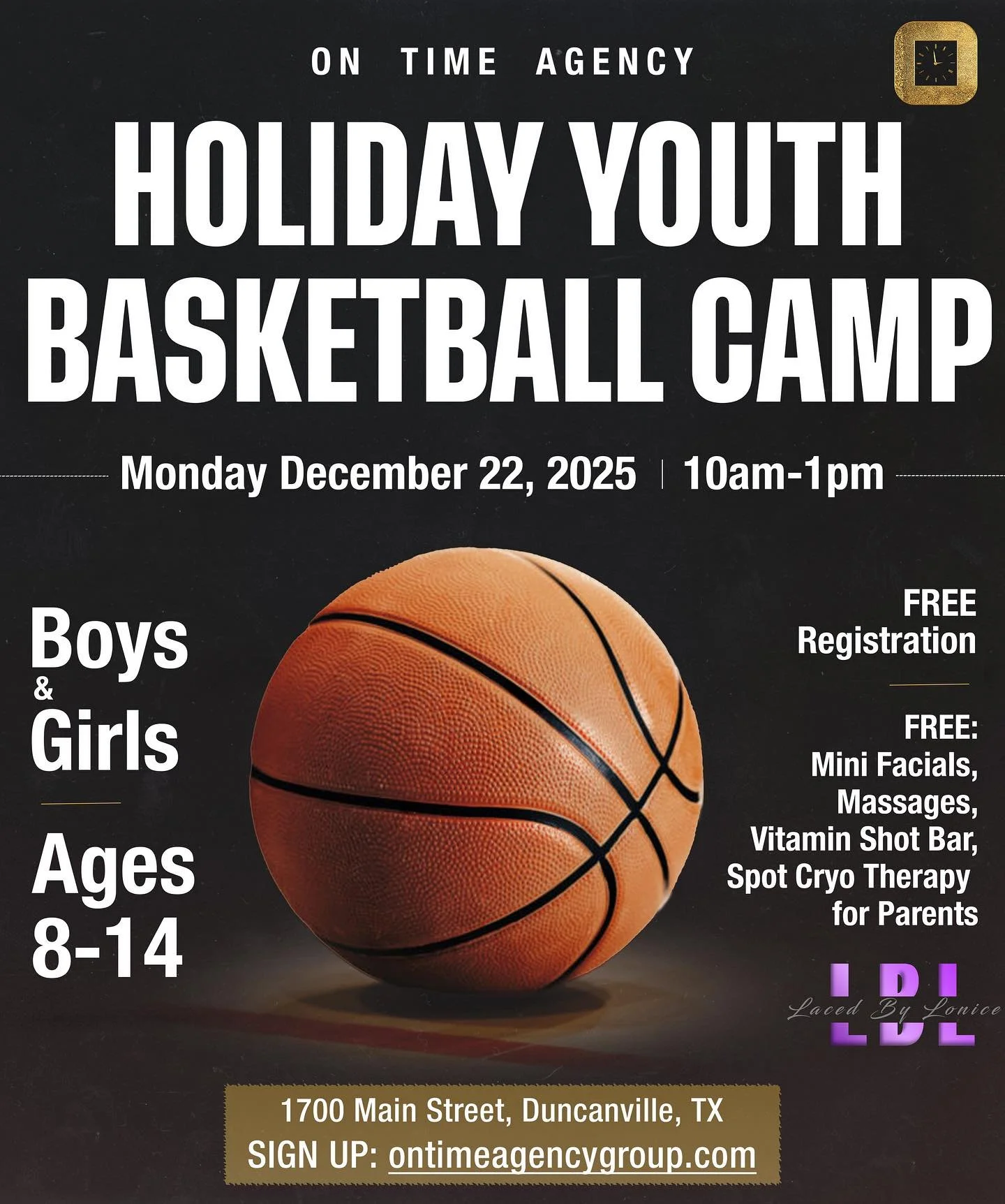We&rsquo;re excited to announce the first On Time Agency youth basketball camp! Mark your calendars for December 22nd at Duncanville Fieldhouse. Free registration at the link in our bio, or visit OnTimeAgencyGroup.com for more info⌚️

&bull; Boys and