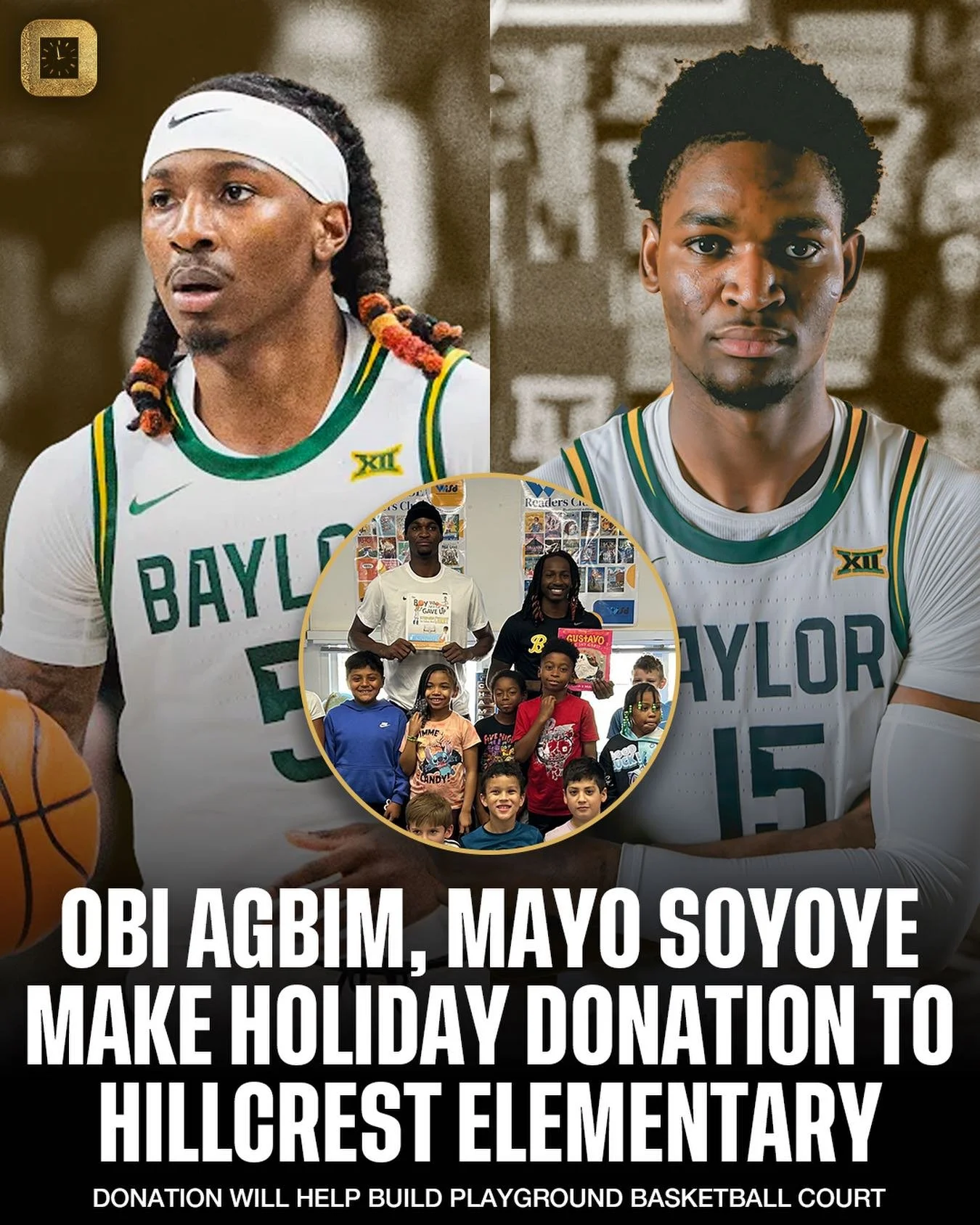 Baylor&rsquo;s Obi Agbim and Mayo Soyoye are donating to Hillcrest Elementary this holiday season🎄 

The duo also visited campus this fall, joining the students for reading and pictures. 

We&rsquo;re proud of the generosity and community engagement