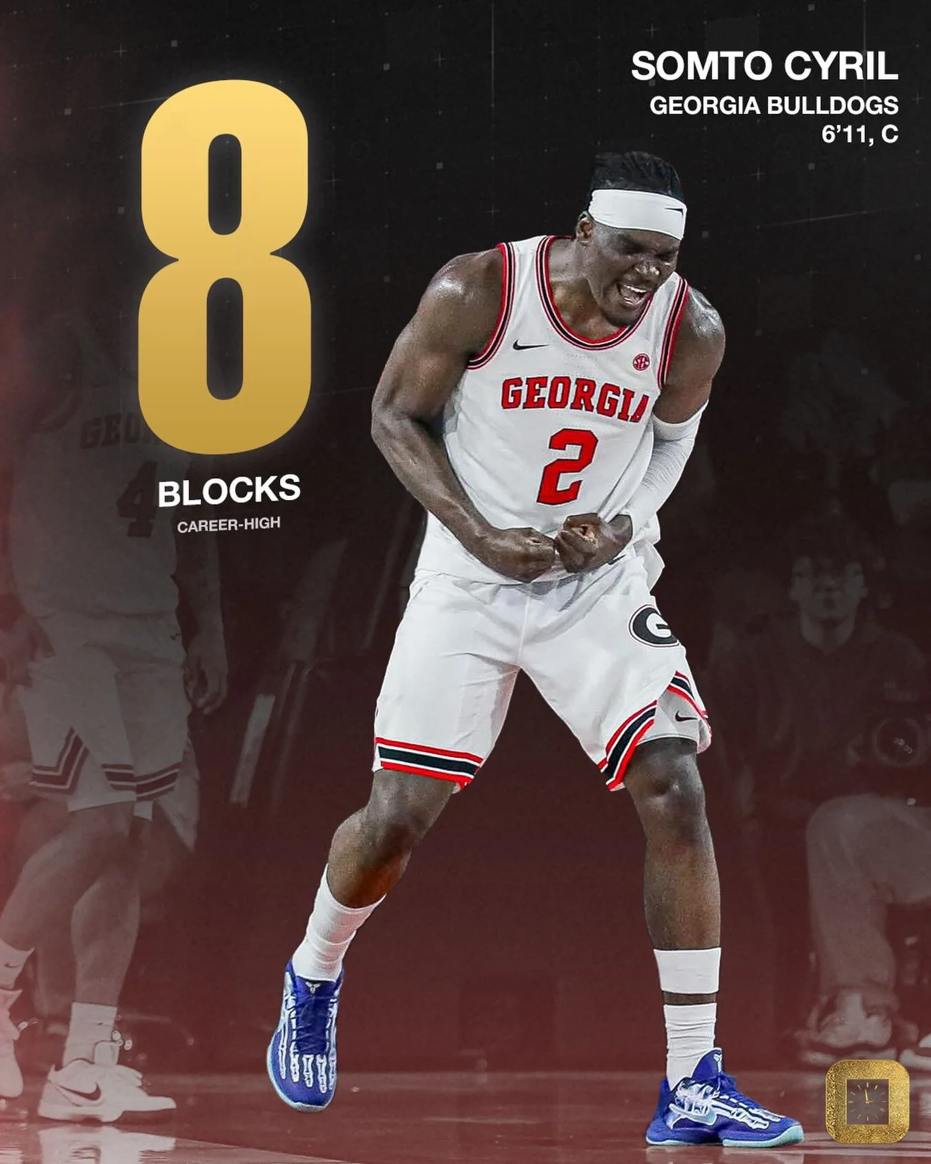 Congratulations @somtocyril on a career-high 8 BLOCKS in the win vs Arkansas last week! Second-most blocks ever recorded in Georgia program history⌚️