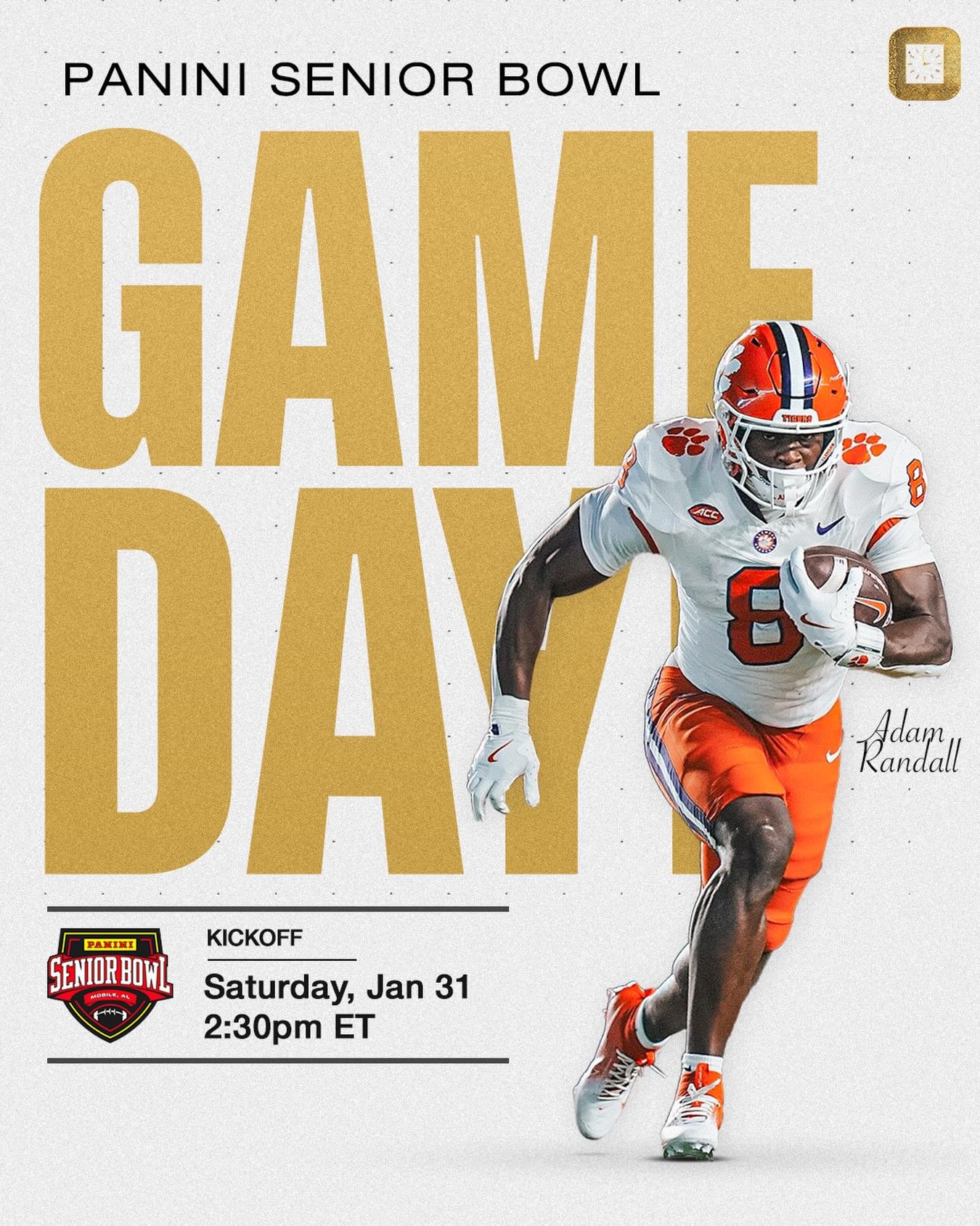 Good luck @adam.randall8 in the Senior Bowl this afternoon! Big day leading up to the 2026 NFL Draft⌚