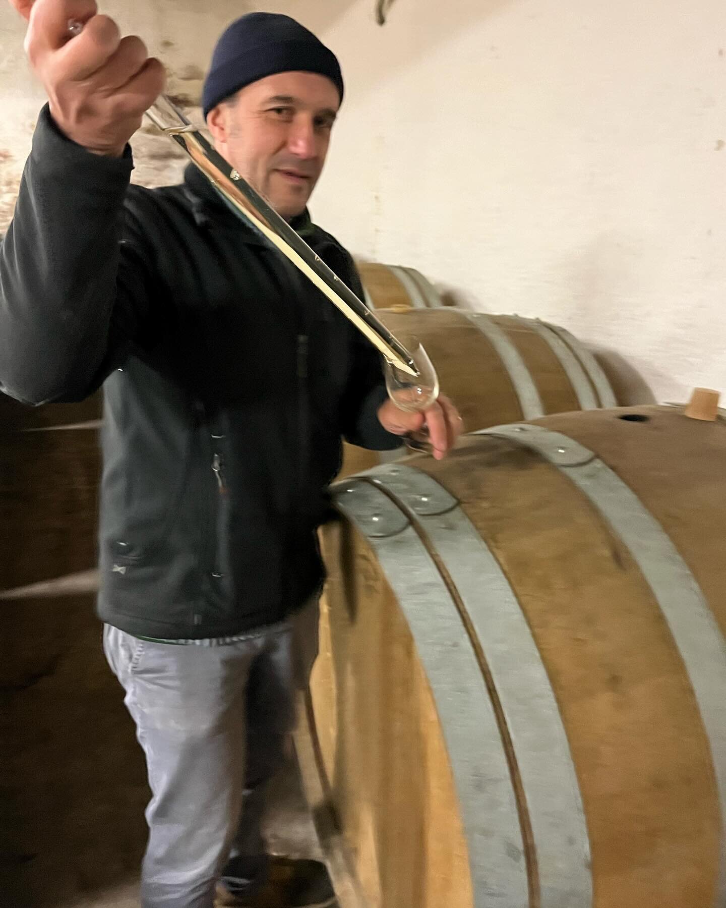 Laurent and I doing the real job this morning- tasting &Eacute;toile 2023 barrels!