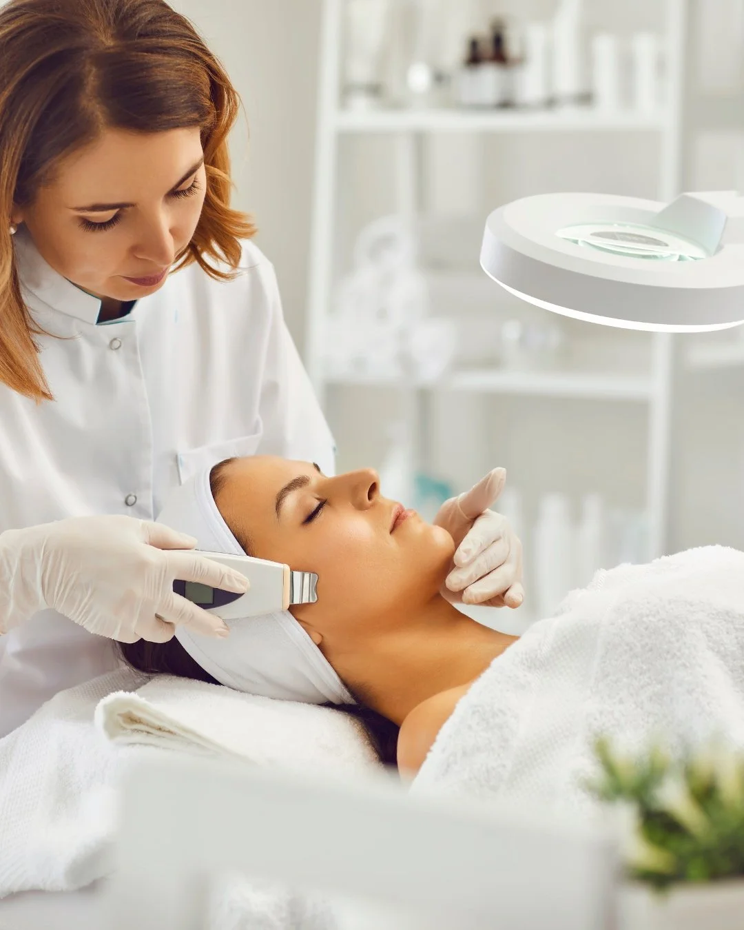 A woman lying down on a treatment bed with eyes closed, receiving a facial treatment from a skincare professional using a handheld device in a bright, clean clinic.