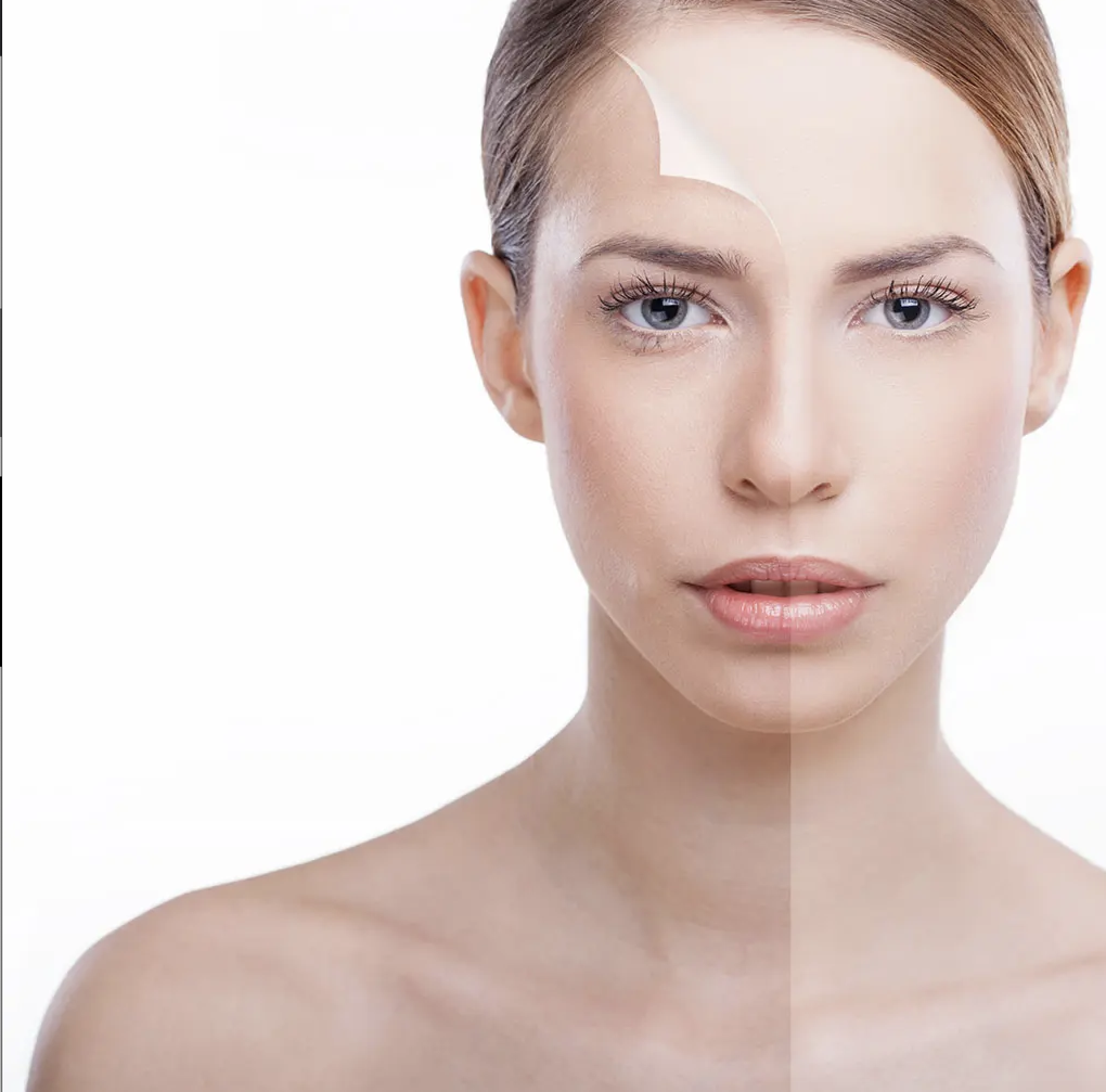 A woman with smooth skin, showing a side-by-side comparison of her face with a skincare or makeup peel-off mask on one side and bare skin on the other.