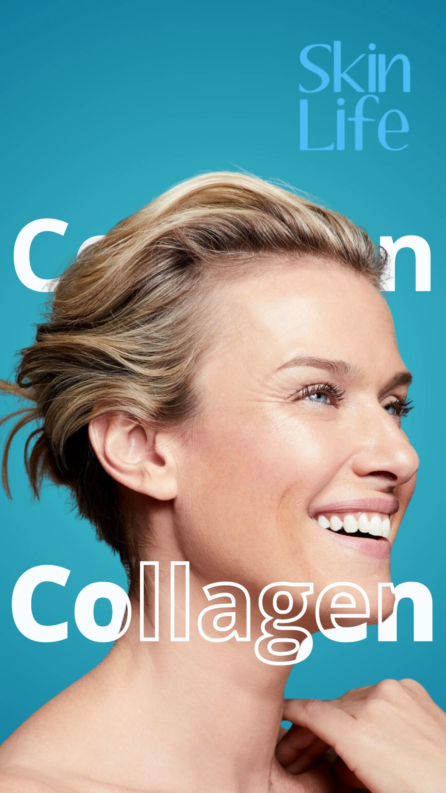A smiling woman with short blonde hair on a blue background with the text 'Skin Life' and 'Collagen'.