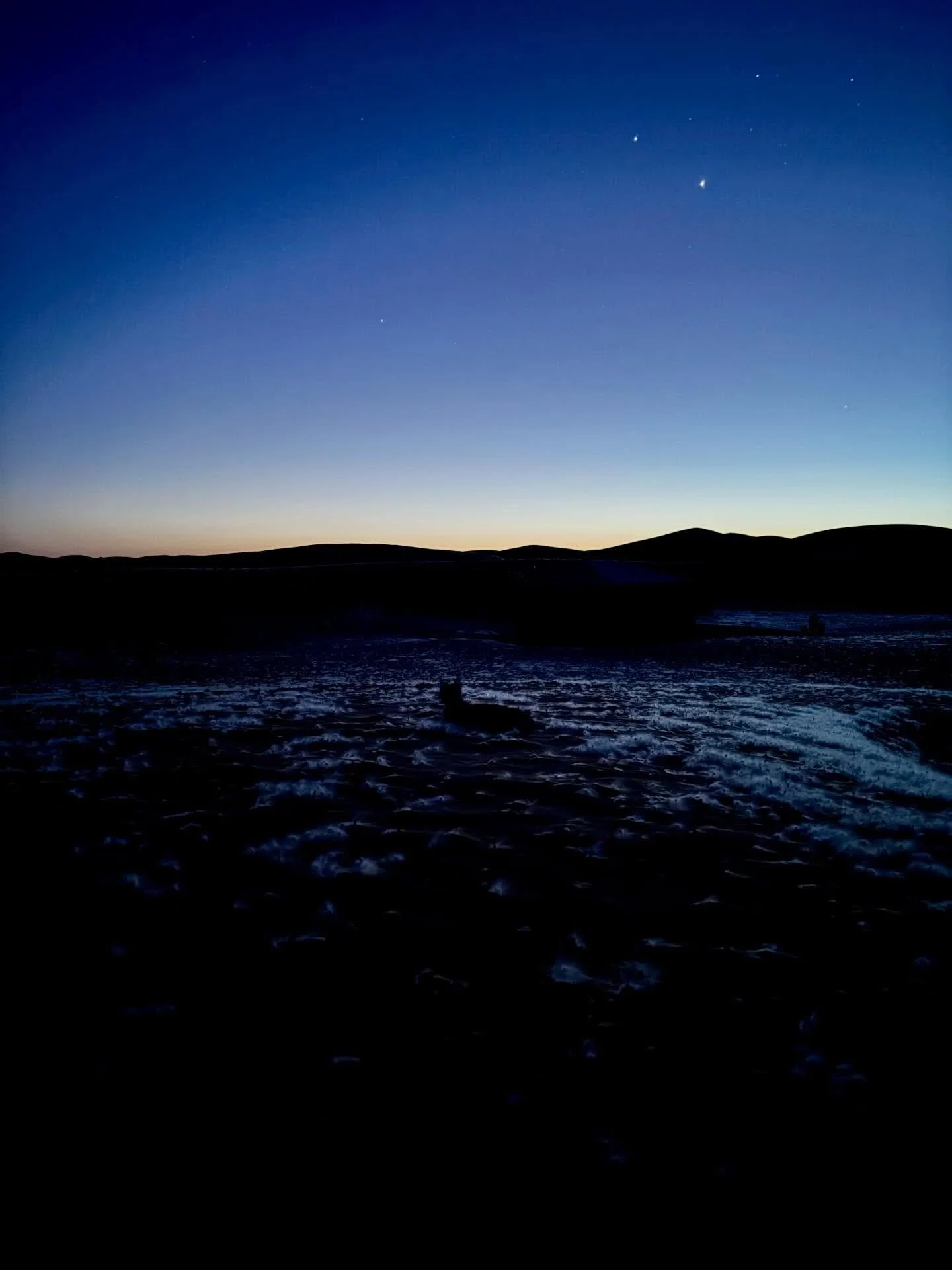 Mit dem Sonnenuntergang ver&auml;ndert sich die W&uuml;ste.

Wenn die Sonne langsam hinter den D&uuml;nen versinkt, gleitet die Landschaft Minute f&uuml;r Minute von Rotgold in die D&auml;mmerung.
Das Licht wird schw&auml;cher, die Schatten l&auml;ng
