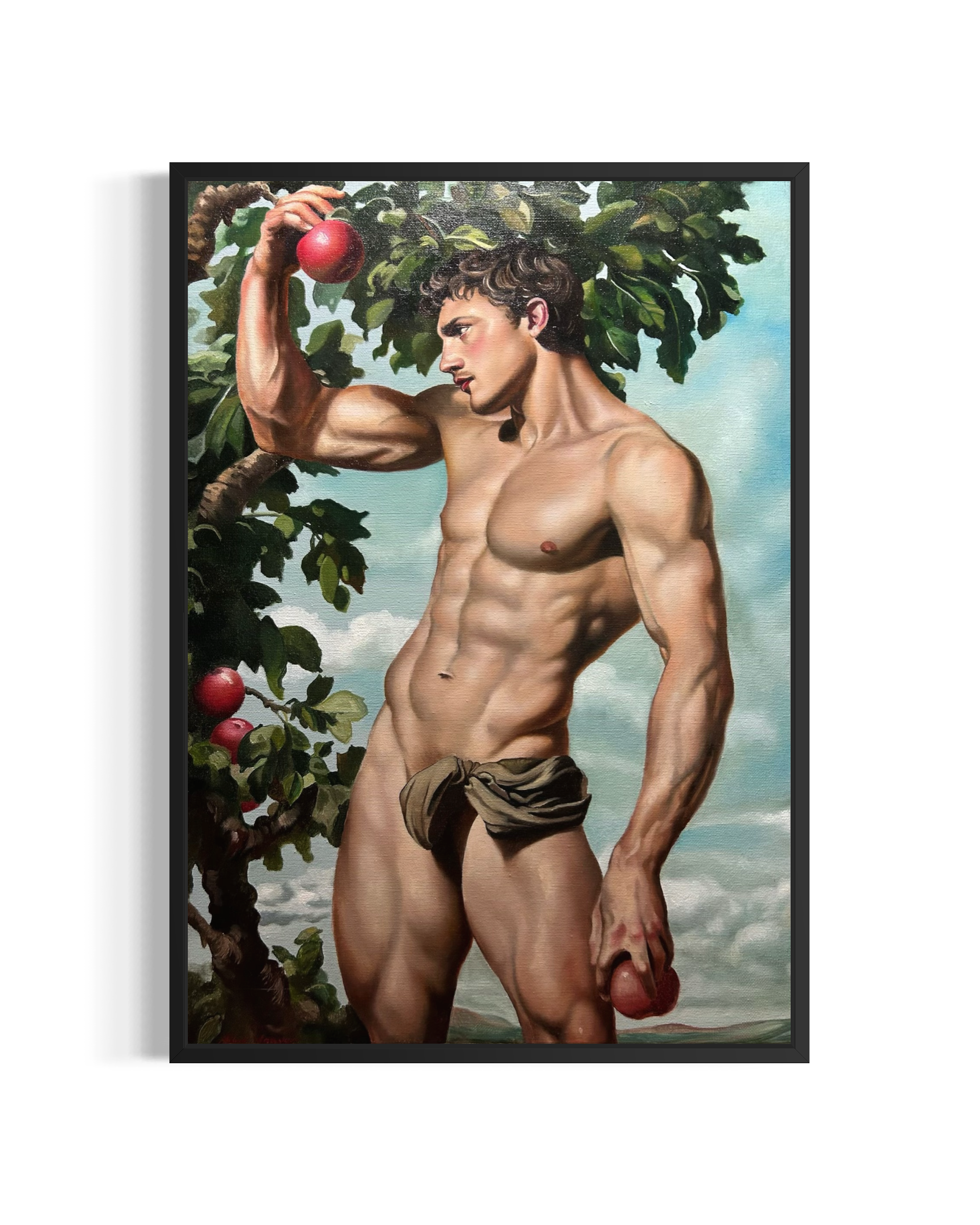 “Offered Fruits” is an original oil painting by Alexander Weaver that reimagines the biblical symbolism of Eden through a sensual and distinctly queer perspective.