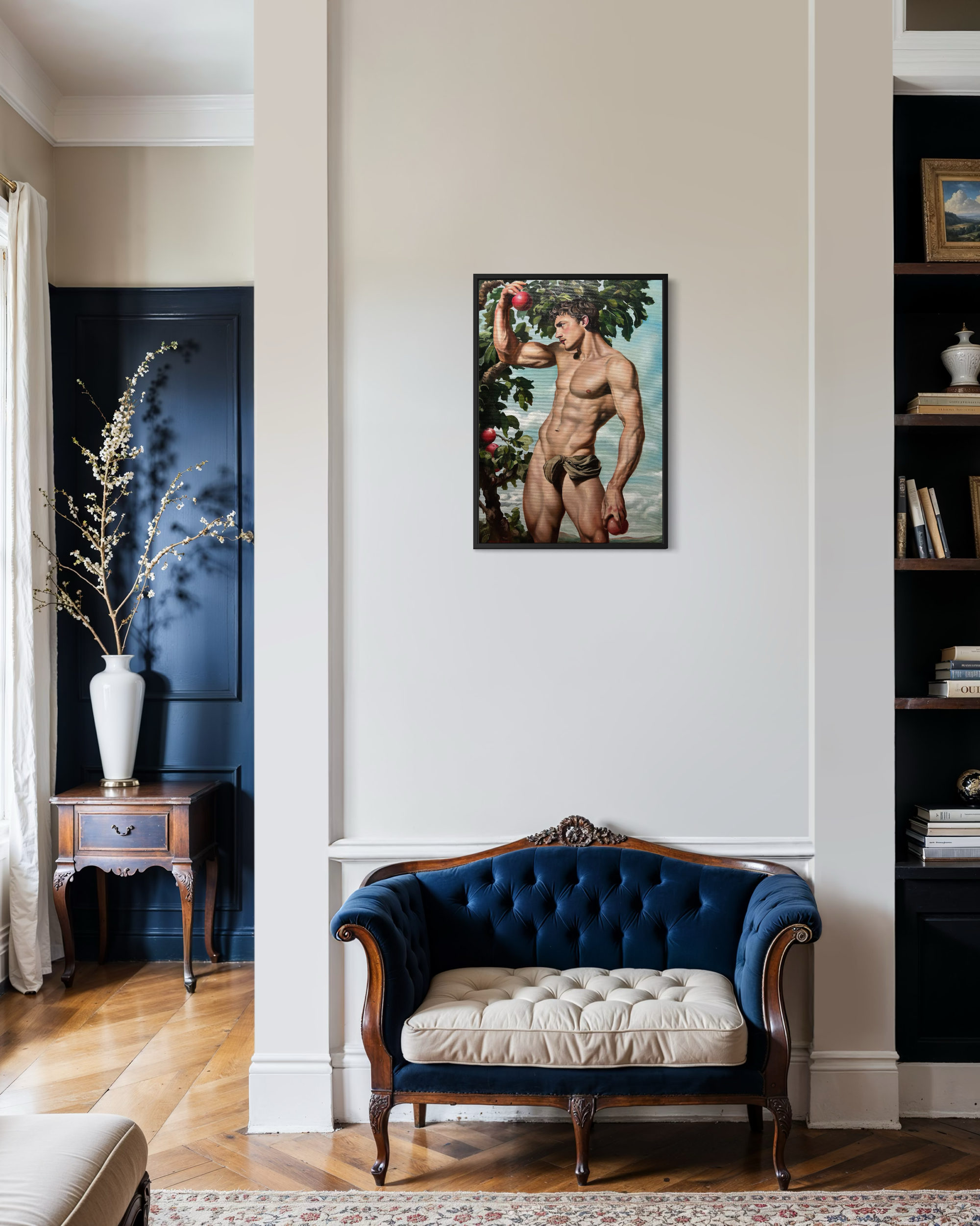 “Offered Fruits” is an original oil painting by Alexander Weaver that reimagines the biblical symbolism of Eden through a sensual and distinctly queer perspective.