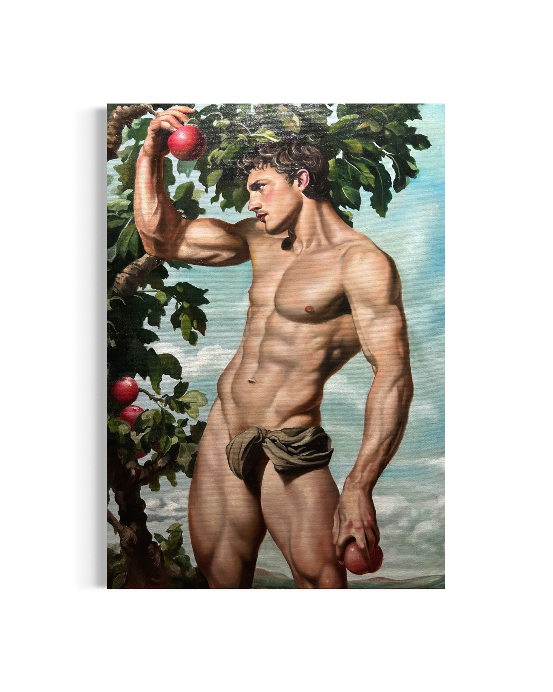 “Offered Fruits” is an original oil painting by Alexander Weaver that reimagines the biblical symbolism of Eden through a sensual and distinctly queer perspective.