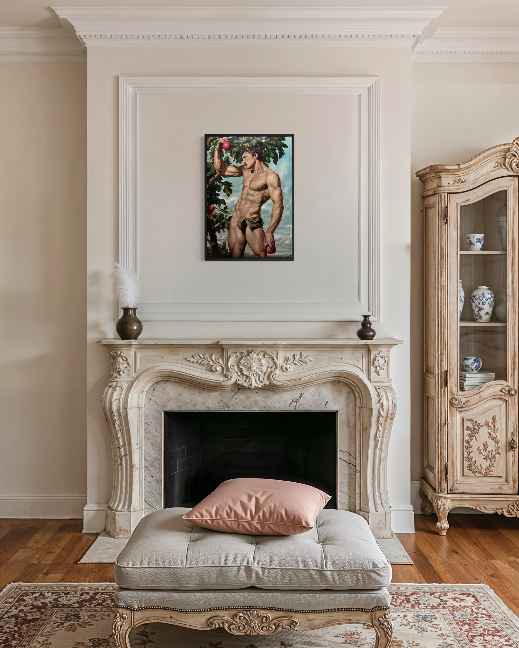 “Offered Fruits” is an original oil painting by Alexander Weaver that reimagines the biblical symbolism of Eden through a sensual and distinctly queer perspective.