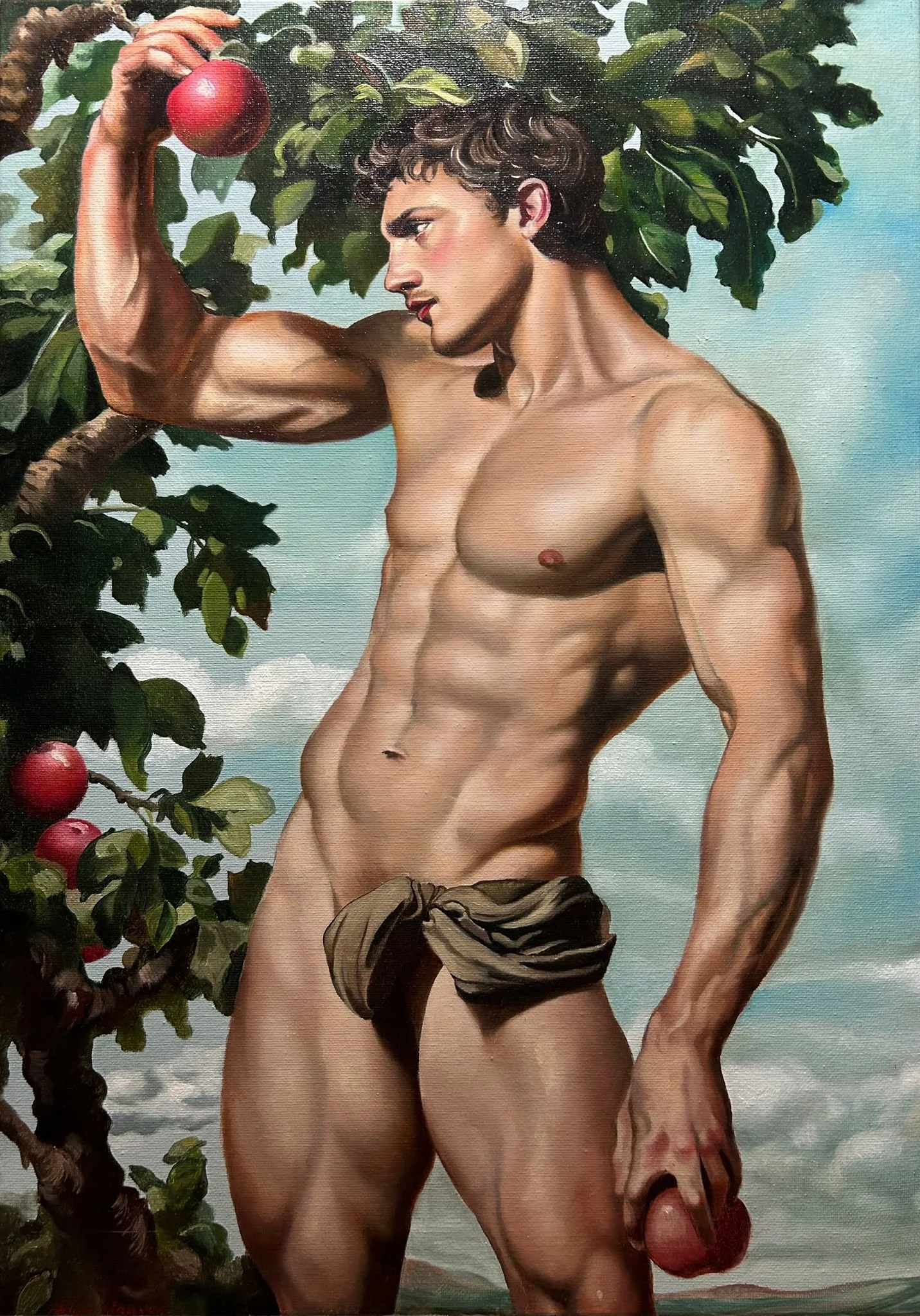 “Offered Fruits” is an original oil painting by Alexander Weaver that reimagines the biblical symbolism of Eden through a sensual and distinctly queer perspective.